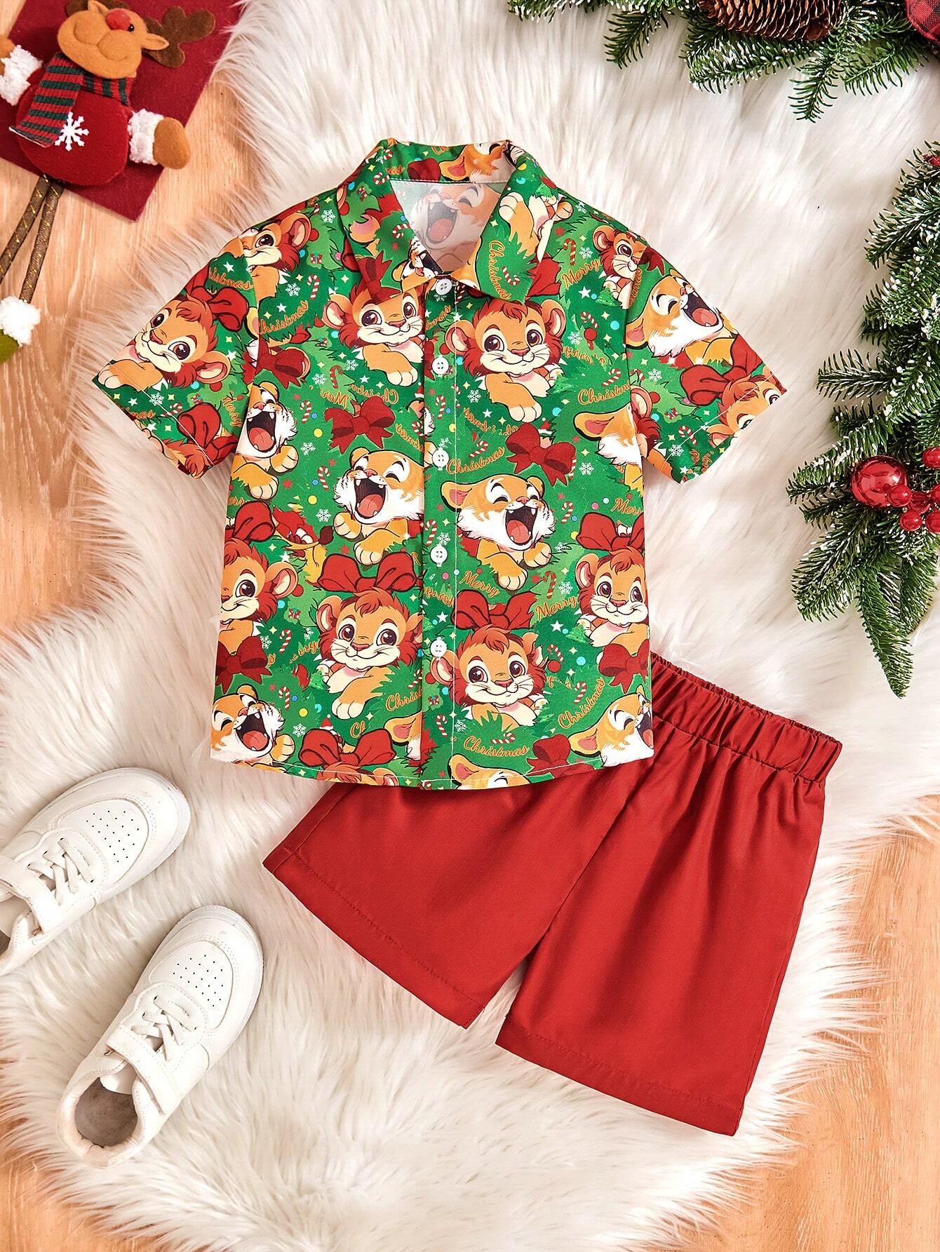 2pcs Young Boys Toddler Boys Christmas Print Lapel Shirt And Red Shorts Set, Fashionable & Cute For Holiday Parties