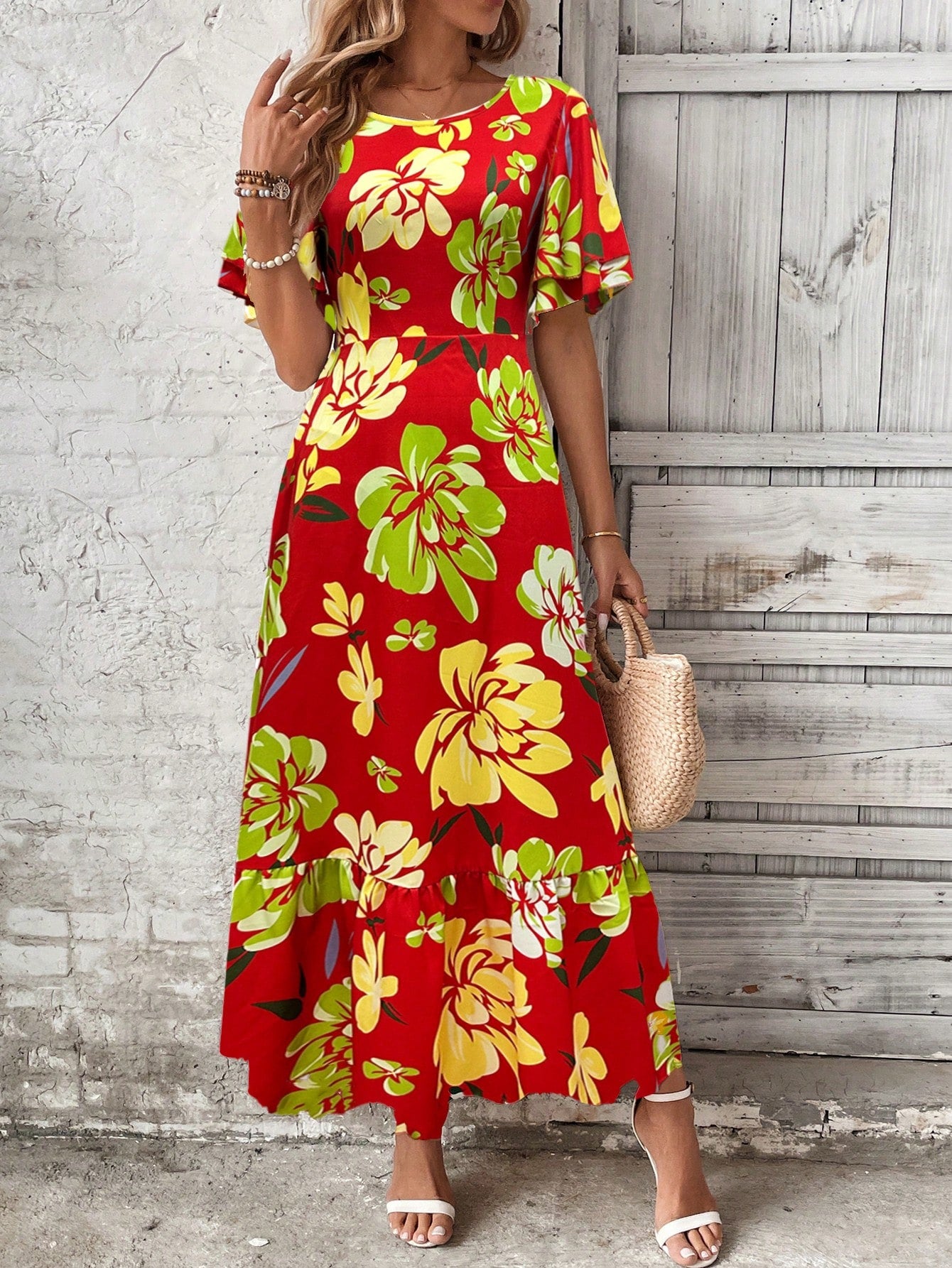 Raffinéa Women Floral Print Ruffle Sleeve Round Neck A-Line Dress