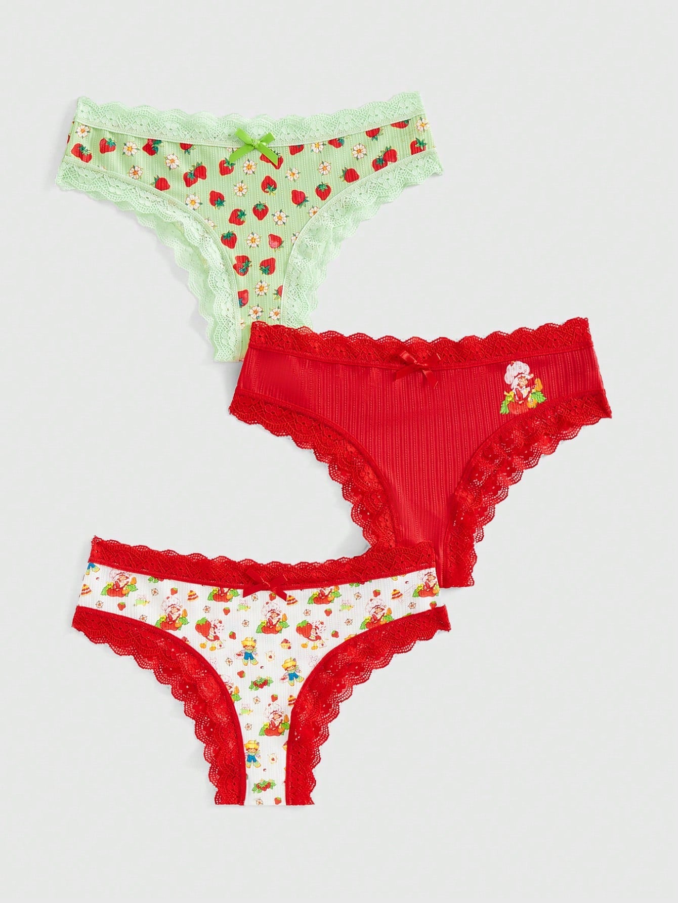 Strawberry Shortcake | ROMWE Strawberry Girl Lace Bow Decor 3-Pack Briefs Set