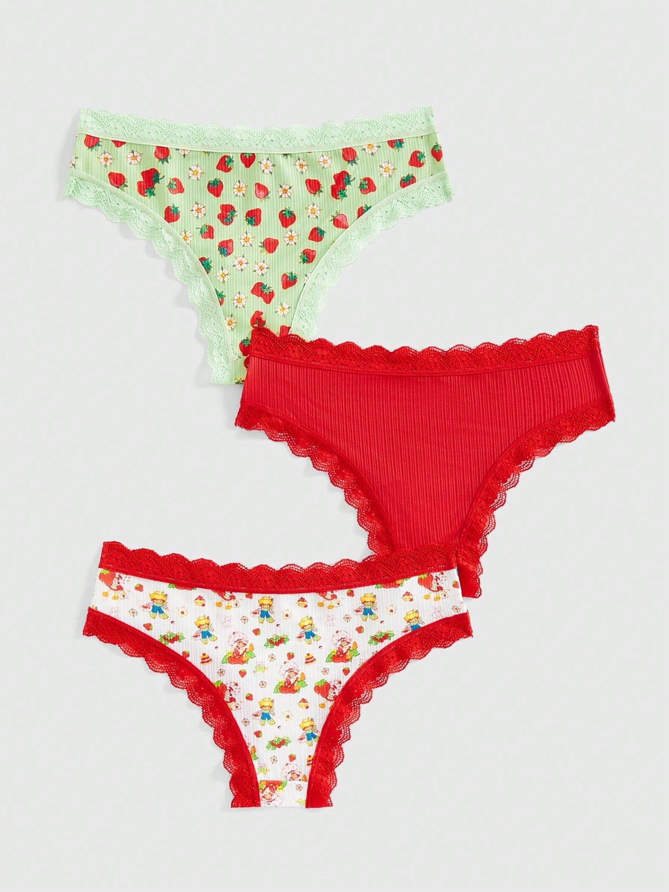 Strawberry Shortcake | ROMWE Strawberry Girl Lace Bow Decor 3-Pack Briefs Set