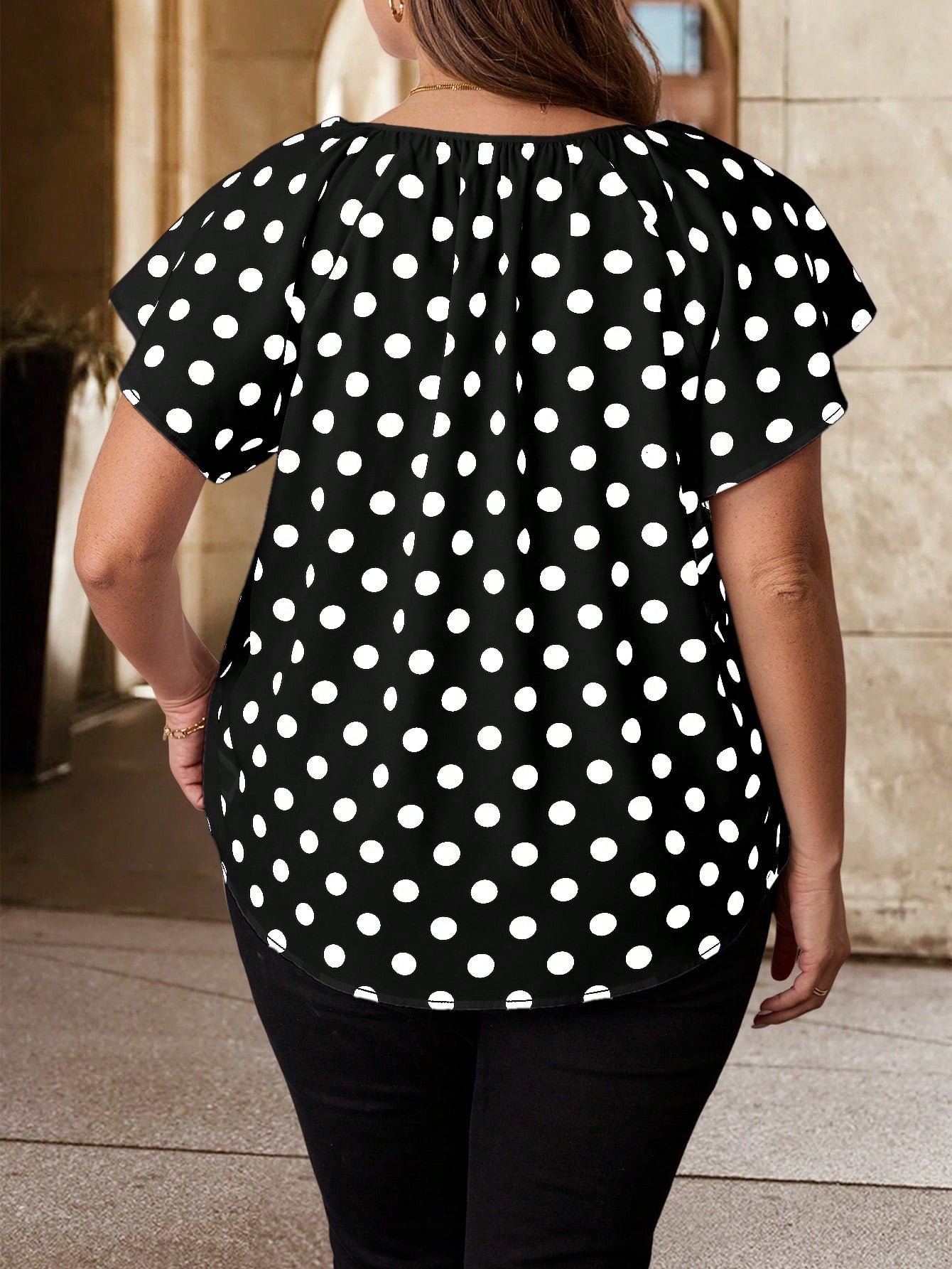 Clasi Plus Size Women Polka Dot Print Tie Neck Ruffle Short Sleeve Elegant Blouse