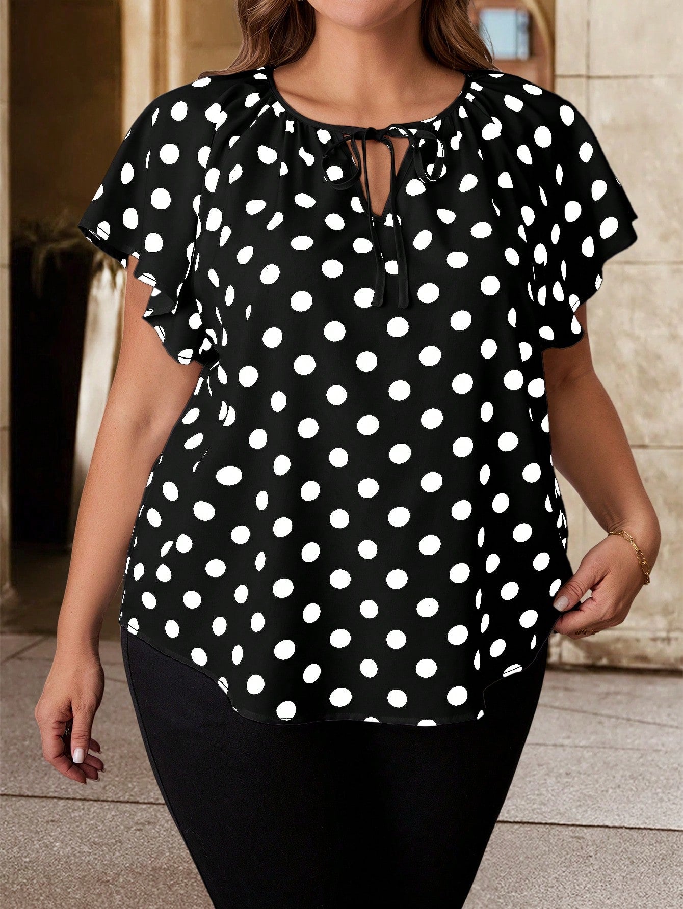 Clasi Plus Size Women Polka Dot Print Tie Neck Ruffle Short Sleeve Elegant Blouse