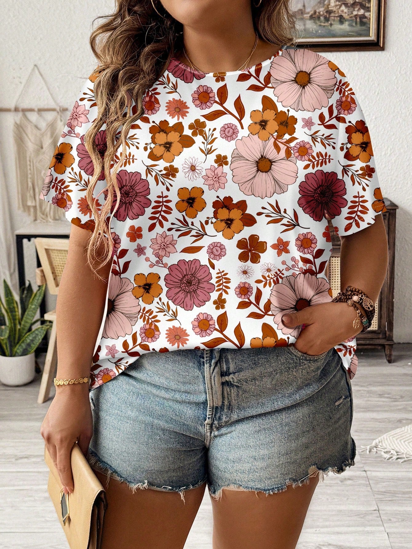 LUNE Casual Floral Pattern Loose Fit Round Neck Short Sleeve Plus Size T-Shirt, Summer