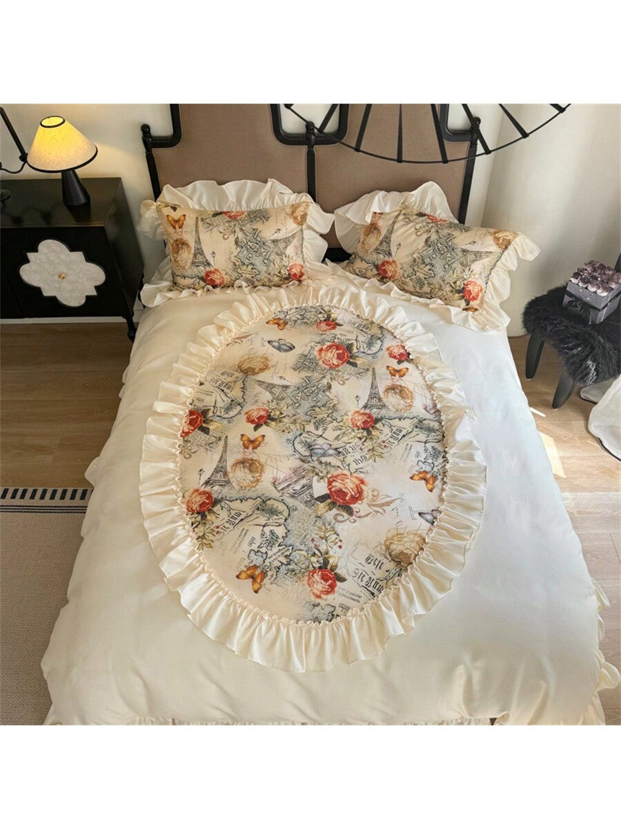 1 Set Floral Lace Ruffle Trim 3-Piece Duvet Cover Set, Includes 1pc Duvet Cover   2pcs Pillow Shams