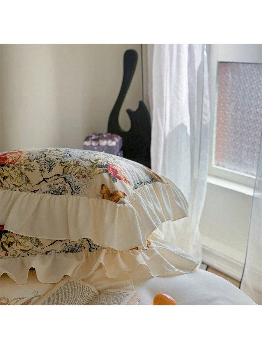 1 Set Floral Lace Ruffle Trim 3-Piece Duvet Cover Set, Includes 1pc Duvet Cover   2pcs Pillow Shams