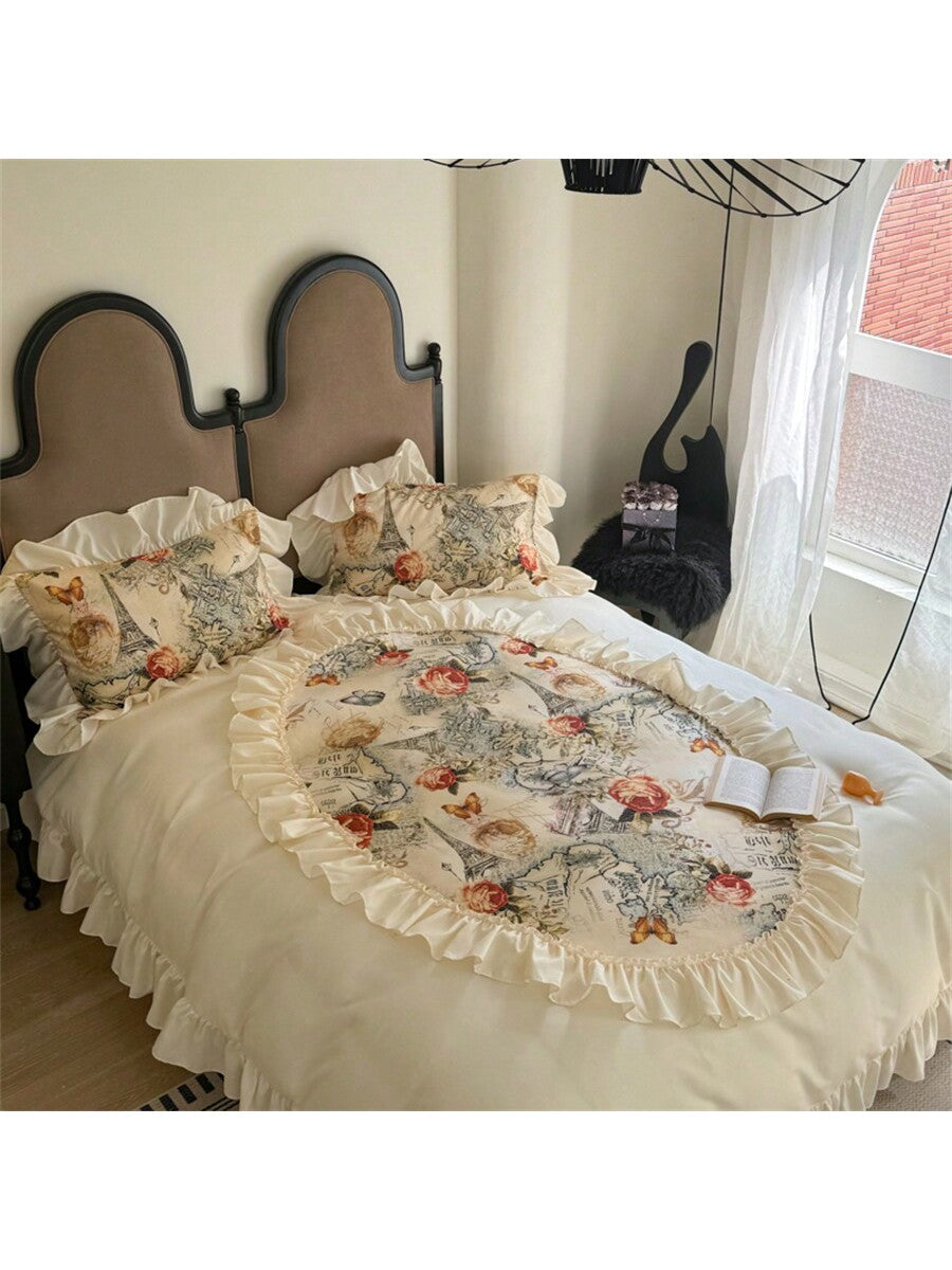 1 Set Floral Lace Ruffle Trim 3-Piece Duvet Cover Set, Includes 1pc Duvet Cover   2pcs Pillow Shams