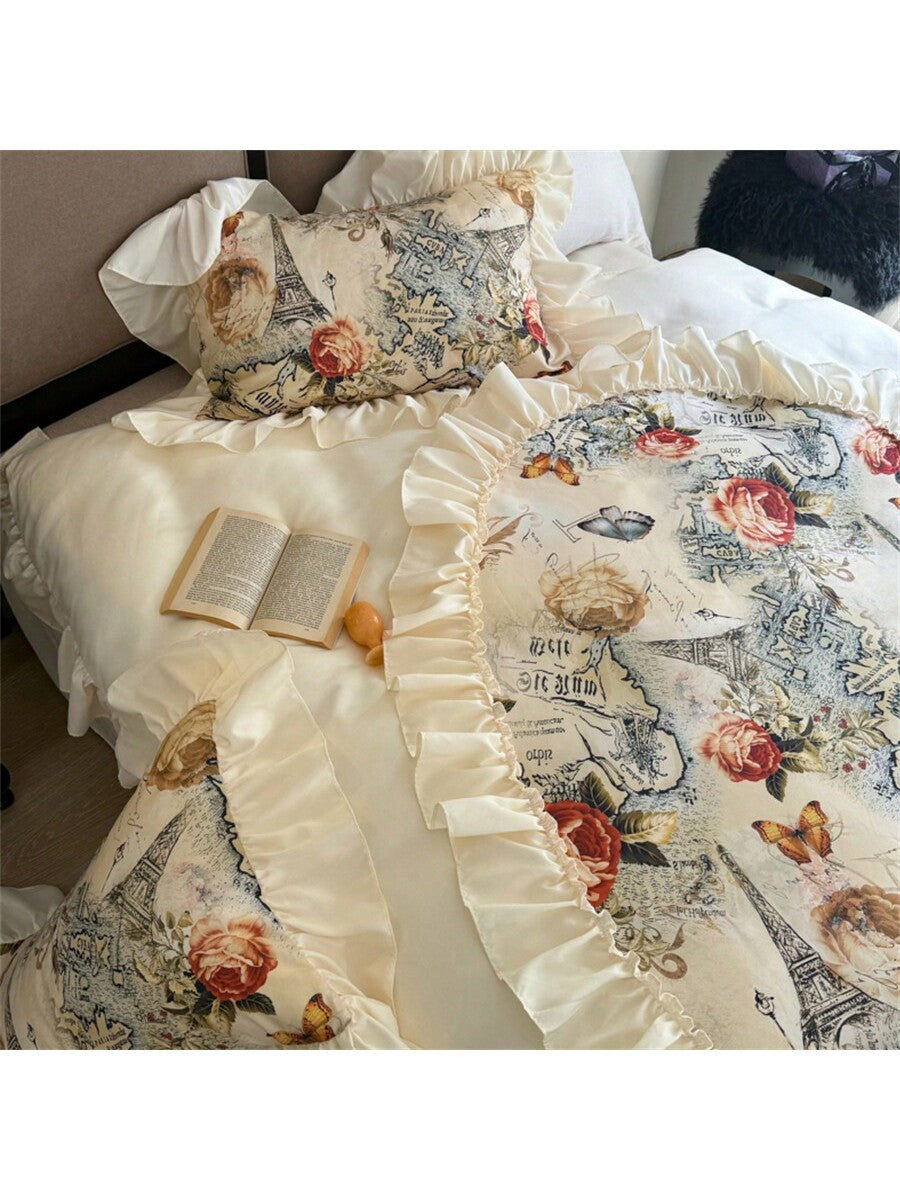 1 Set Floral Lace Ruffle Trim 3-Piece Duvet Cover Set, Includes 1pc Duvet Cover   2pcs Pillow Shams