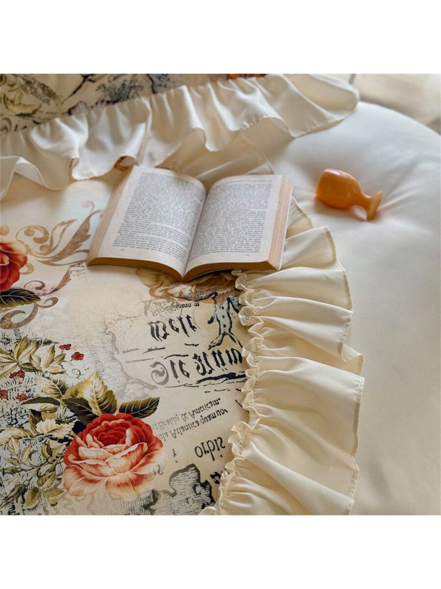 1 Set Floral Lace Ruffle Trim 3-Piece Duvet Cover Set, Includes 1pc Duvet Cover   2pcs Pillow Shams