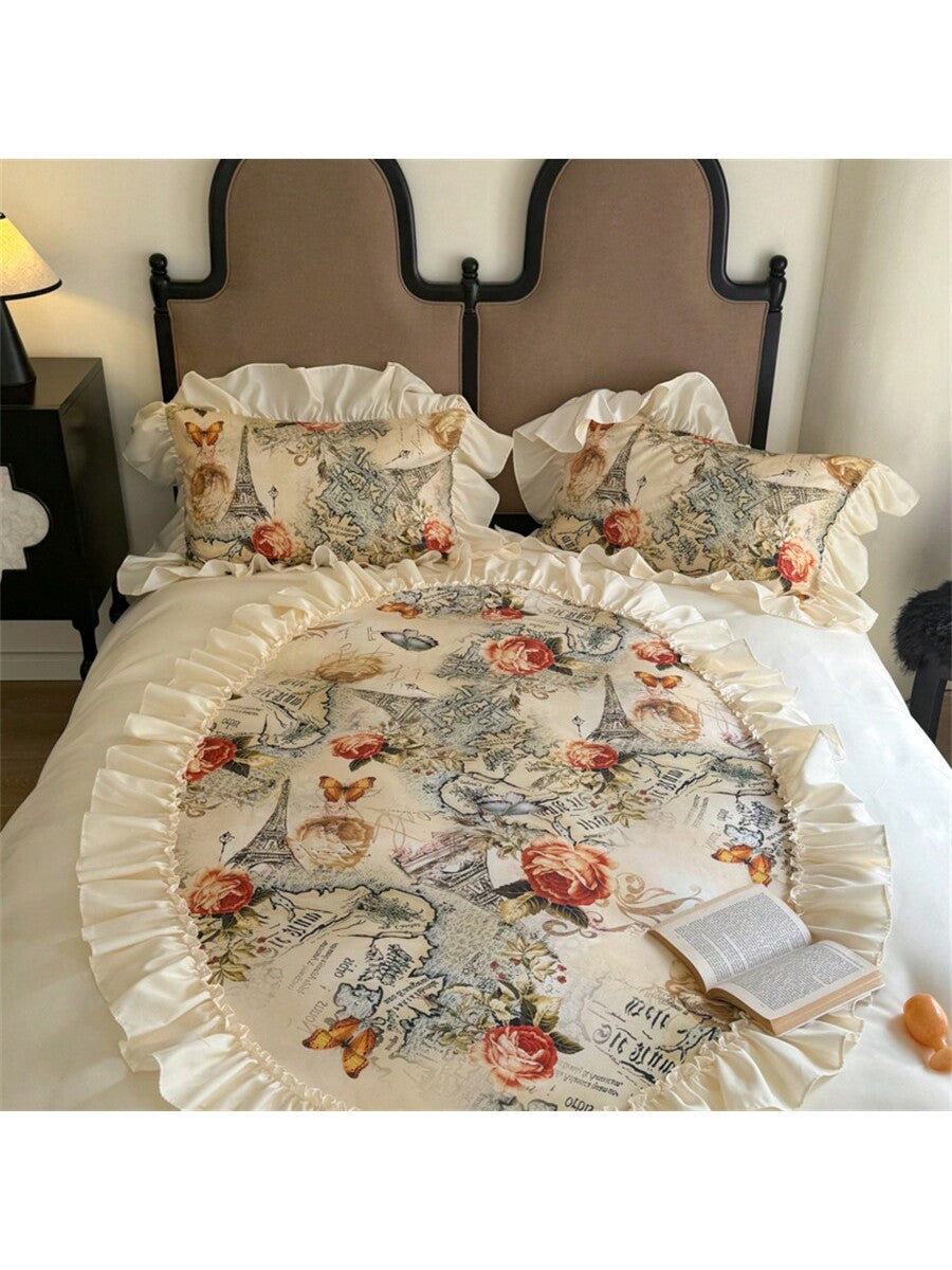 1 Set Floral Lace Ruffle Trim 3-Piece Duvet Cover Set, Includes 1pc Duvet Cover   2pcs Pillow Shams