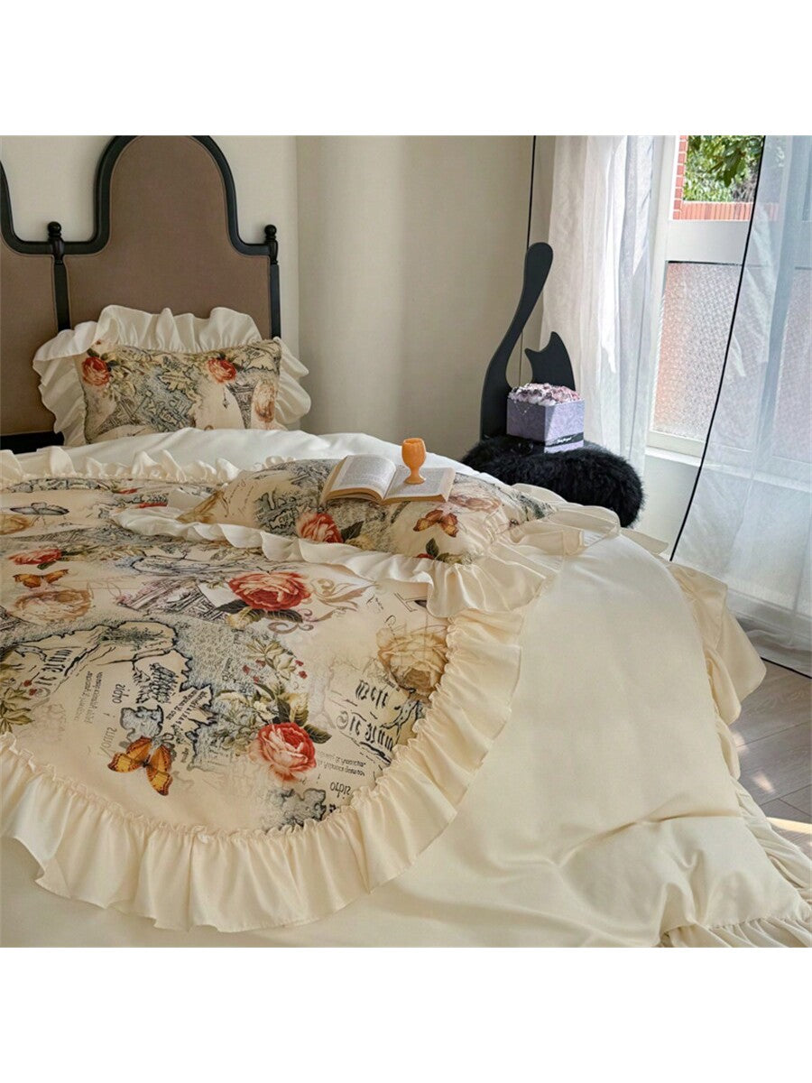 1 Set Floral Lace Ruffle Trim 3-Piece Duvet Cover Set, Includes 1pc Duvet Cover   2pcs Pillow Shams