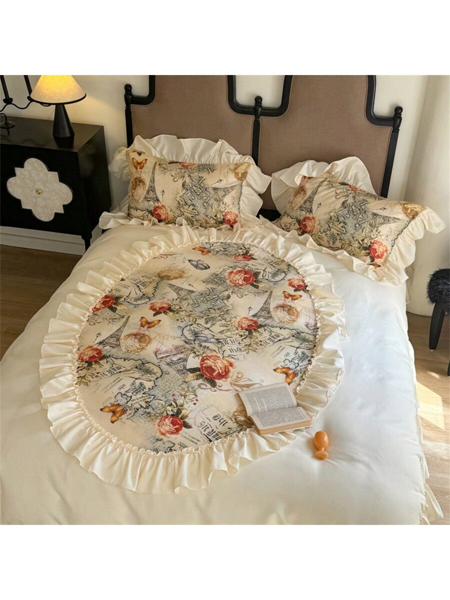 1 Set Floral Lace Ruffle Trim 3-Piece Duvet Cover Set, Includes 1pc Duvet Cover   2pcs Pillow Shams