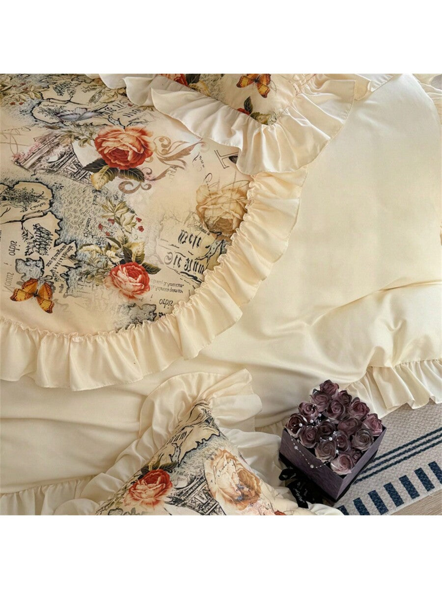 1 Set Floral Lace Ruffle Trim 3-Piece Duvet Cover Set, Includes 1pc Duvet Cover   2pcs Pillow Shams