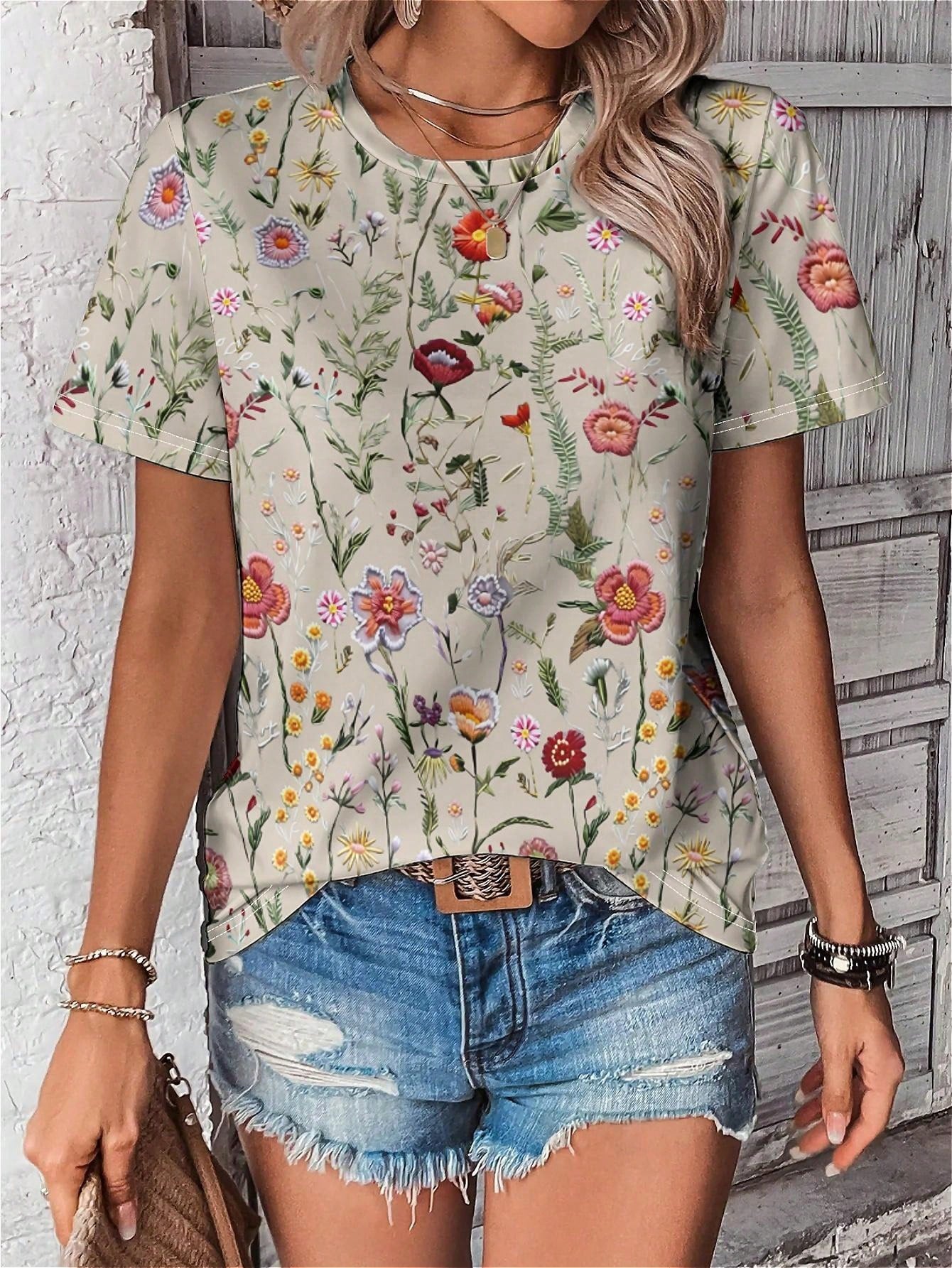 EMERY ROSE Casual Minimalist Floral Print Round Neck Short Sleeve Loose Women T-Shirt, Suitable For Summer