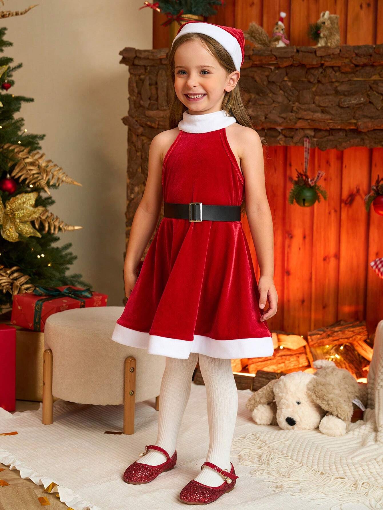 2pcs Halloween Costume  Young Girls Christmas Fashion Simple Santa Dress Colorblock Sleeveless Round Neck Red And White Dress With White Collar And Dress Hem, And Red Santa Hat