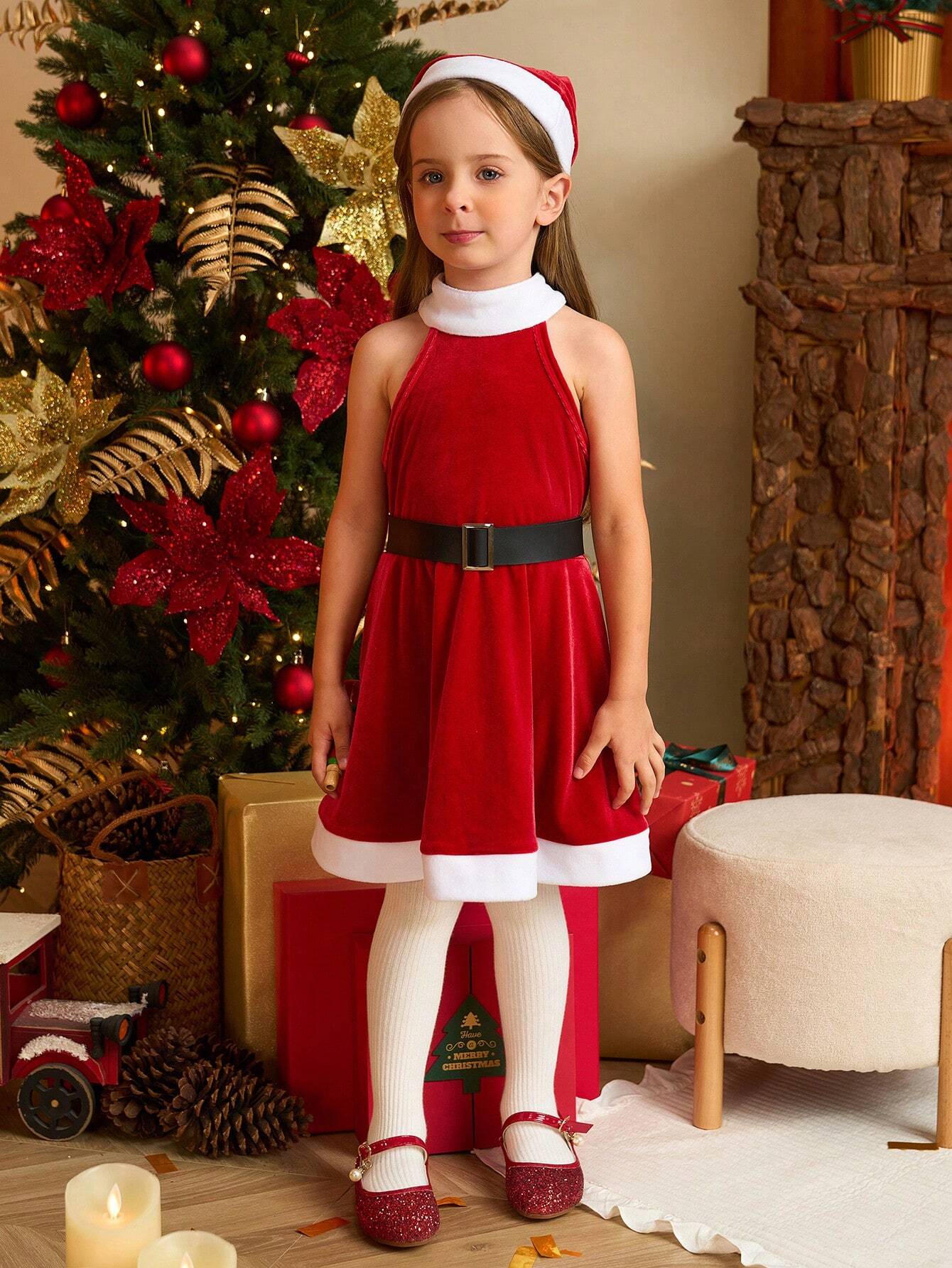 2pcs Halloween Costume  Young Girls Christmas Fashion Simple Santa Dress Colorblock Sleeveless Round Neck Red And White Dress With White Collar And Dress Hem, And Red Santa Hat