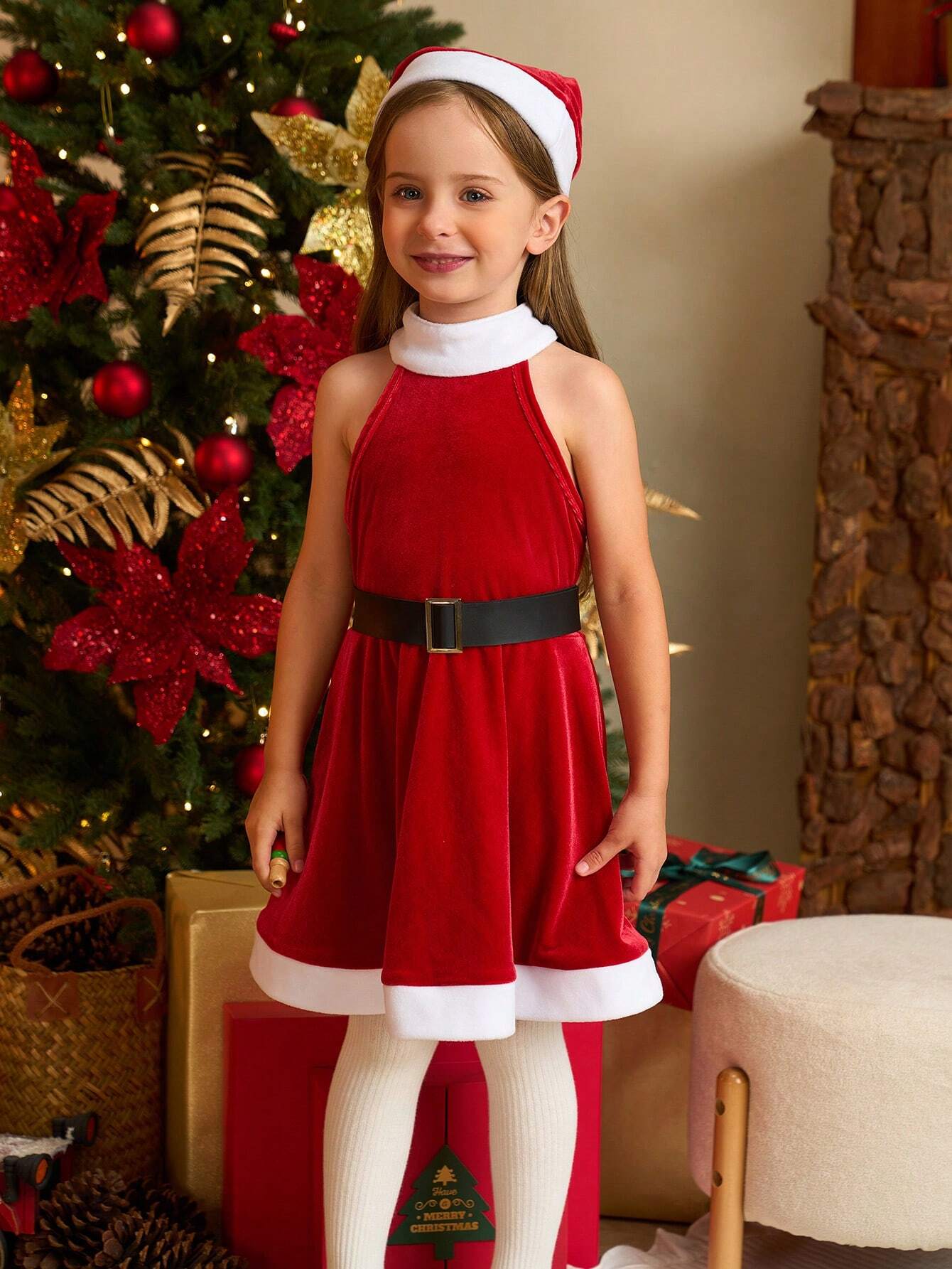 2pcs Halloween Costume  Young Girls Christmas Fashion Simple Santa Dress Colorblock Sleeveless Round Neck Red And White Dress With White Collar And Dress Hem, And Red Santa Hat