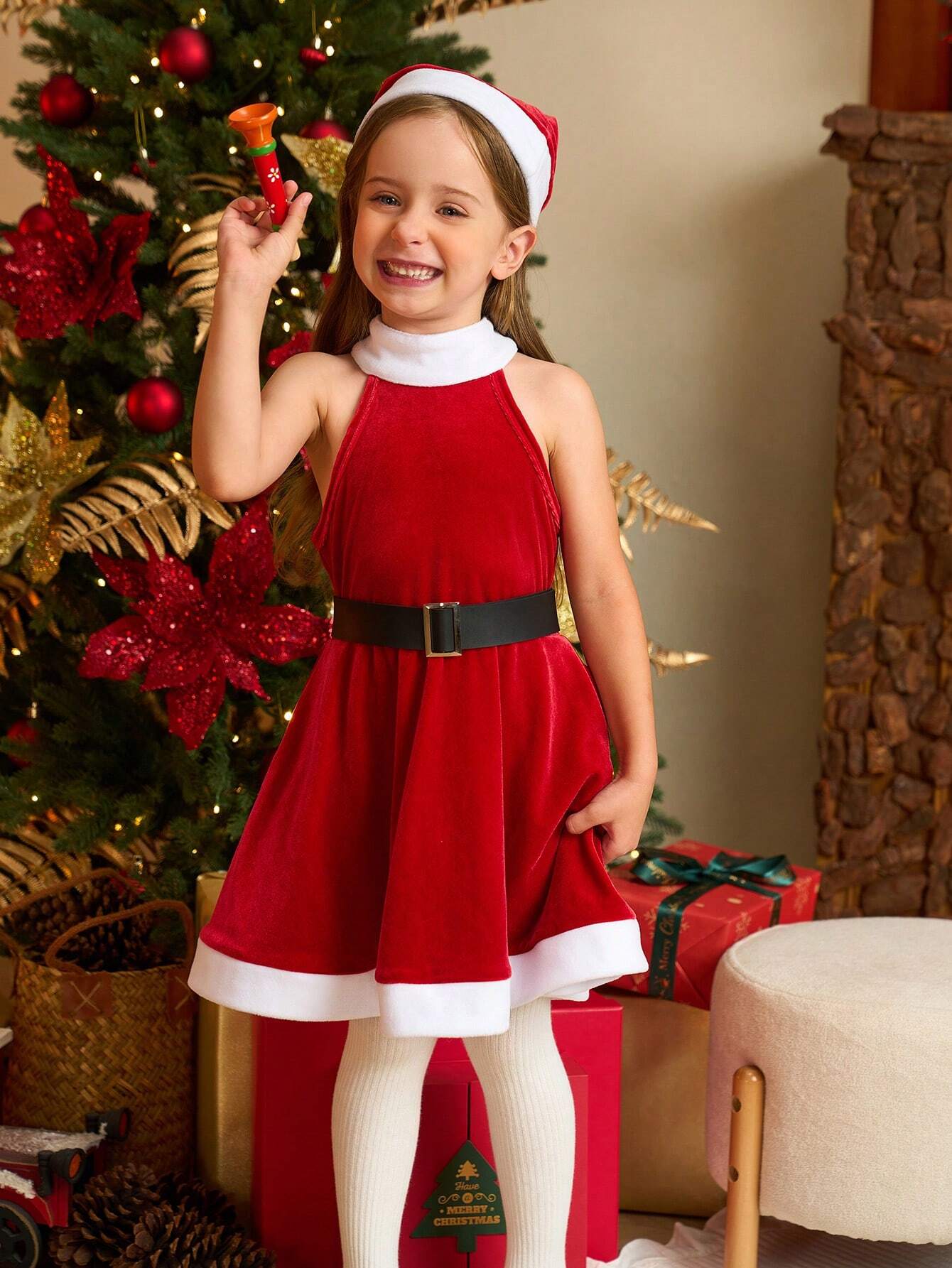 2pcs Halloween Costume  Young Girls Christmas Fashion Simple Santa Dress Colorblock Sleeveless Round Neck Red And White Dress With White Collar And Dress Hem, And Red Santa Hat