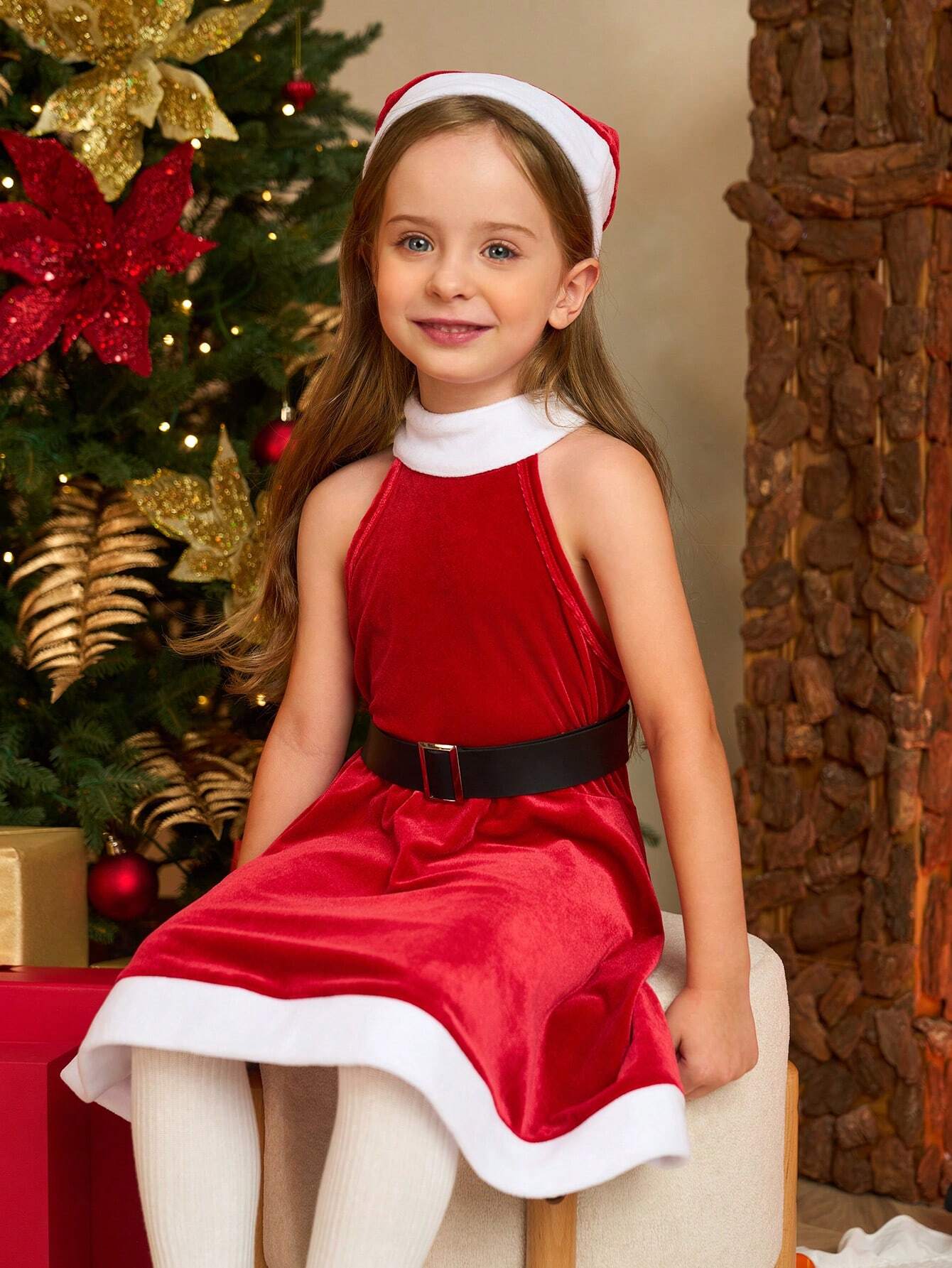 2pcs Halloween Costume  Young Girls Christmas Fashion Simple Santa Dress Colorblock Sleeveless Round Neck Red And White Dress With White Collar And Dress Hem, And Red Santa Hat