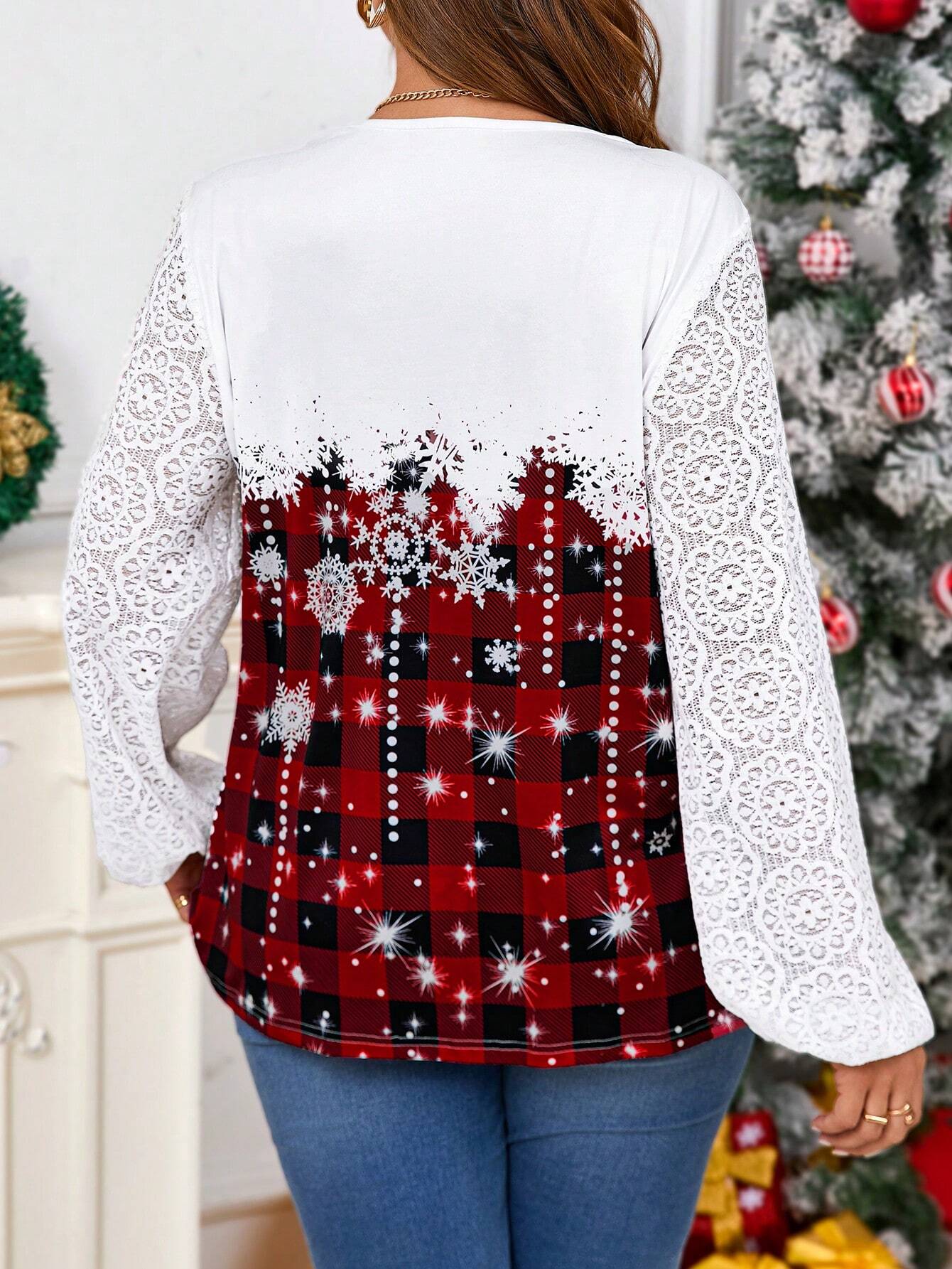 Plus Size Christmas Plaid Contrast Lace T-Shirt