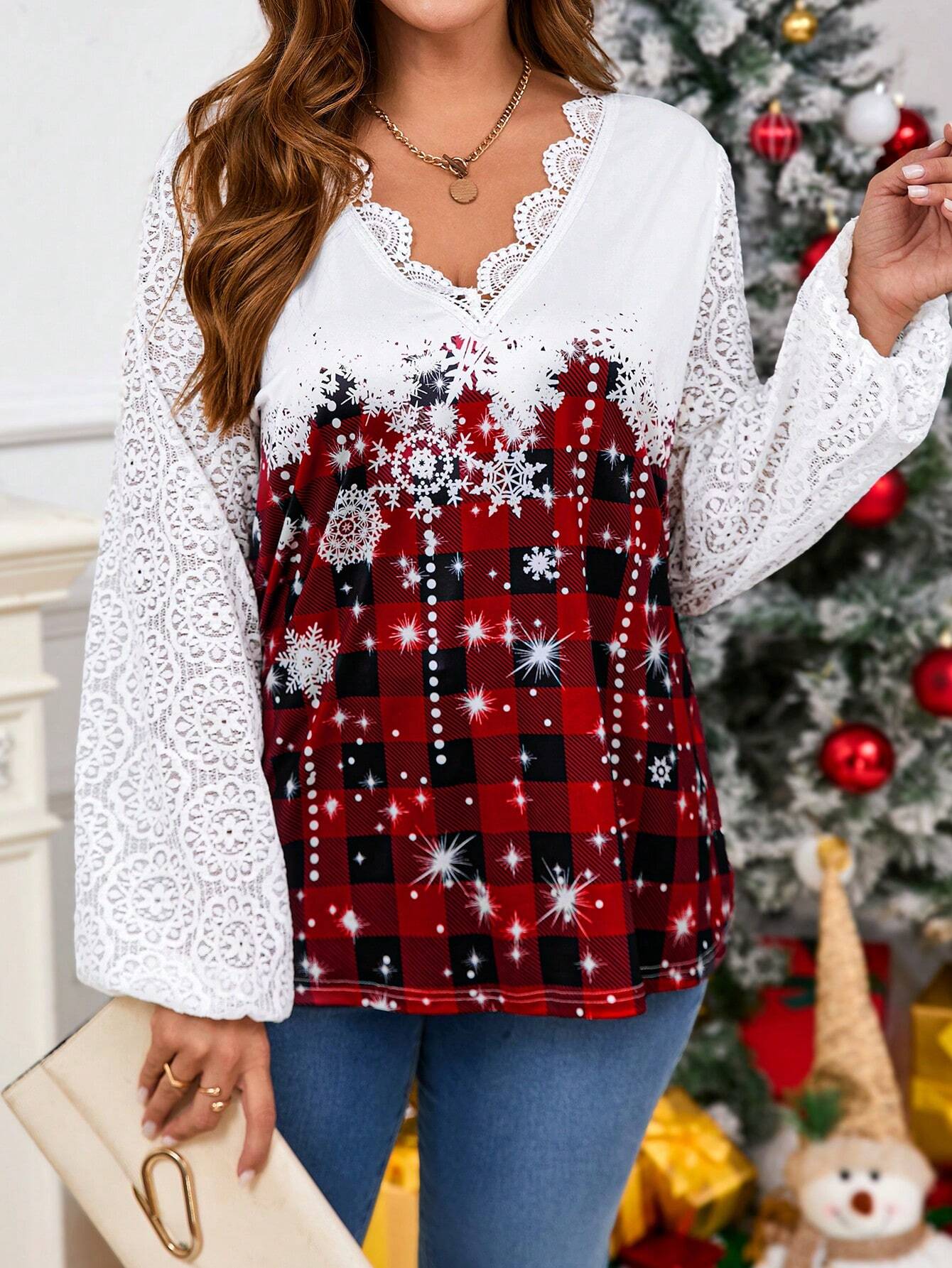 Plus Size Christmas Plaid Contrast Lace T-Shirt