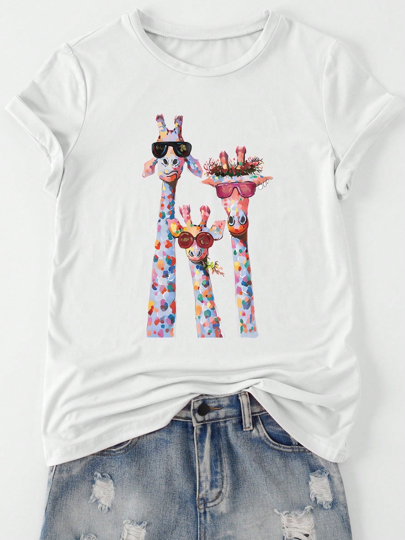 LUNE 4pcs Giraffe Pattern Short Sleeve T-Shirt With Eye Decoration, Casual