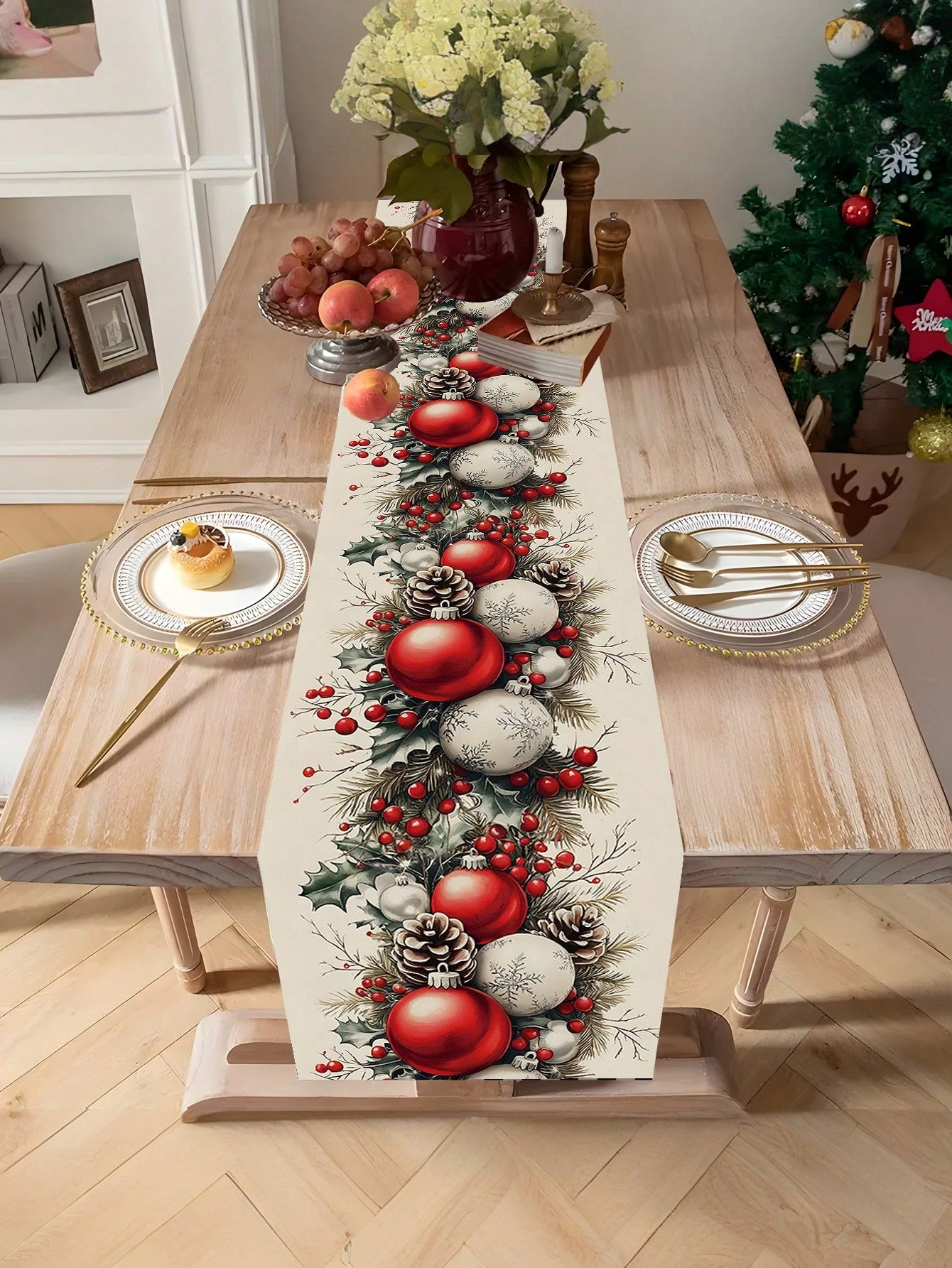 1pc, Merry Christmas Table Runner, Buffalo Plaid Pattern, Rectangular, Woven, Festive Holiday Table Cover, Home & Kitchen Decor, Christmas Gift Decor