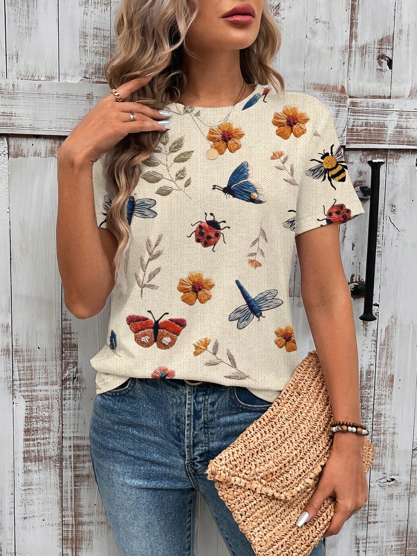 EMERY ROSE Casual Loose Round Neck Butterfly & Floral Print Short Sleeve T-Shirt For Women, Suitable For Summer