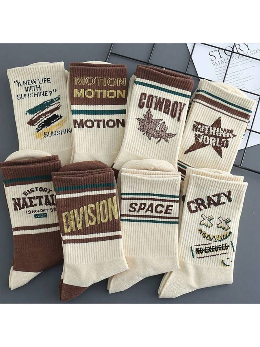 5 Pairs Random Letter Print Crew Socks For Men, Vintage American Style Athletic Basketball Socks, Trendy Tall Socks For Autumn/Winter