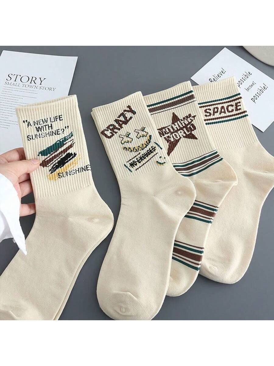 5 Pairs Random Letter Print Crew Socks For Men, Vintage American Style Athletic Basketball Socks, Trendy Tall Socks For Autumn/Winter