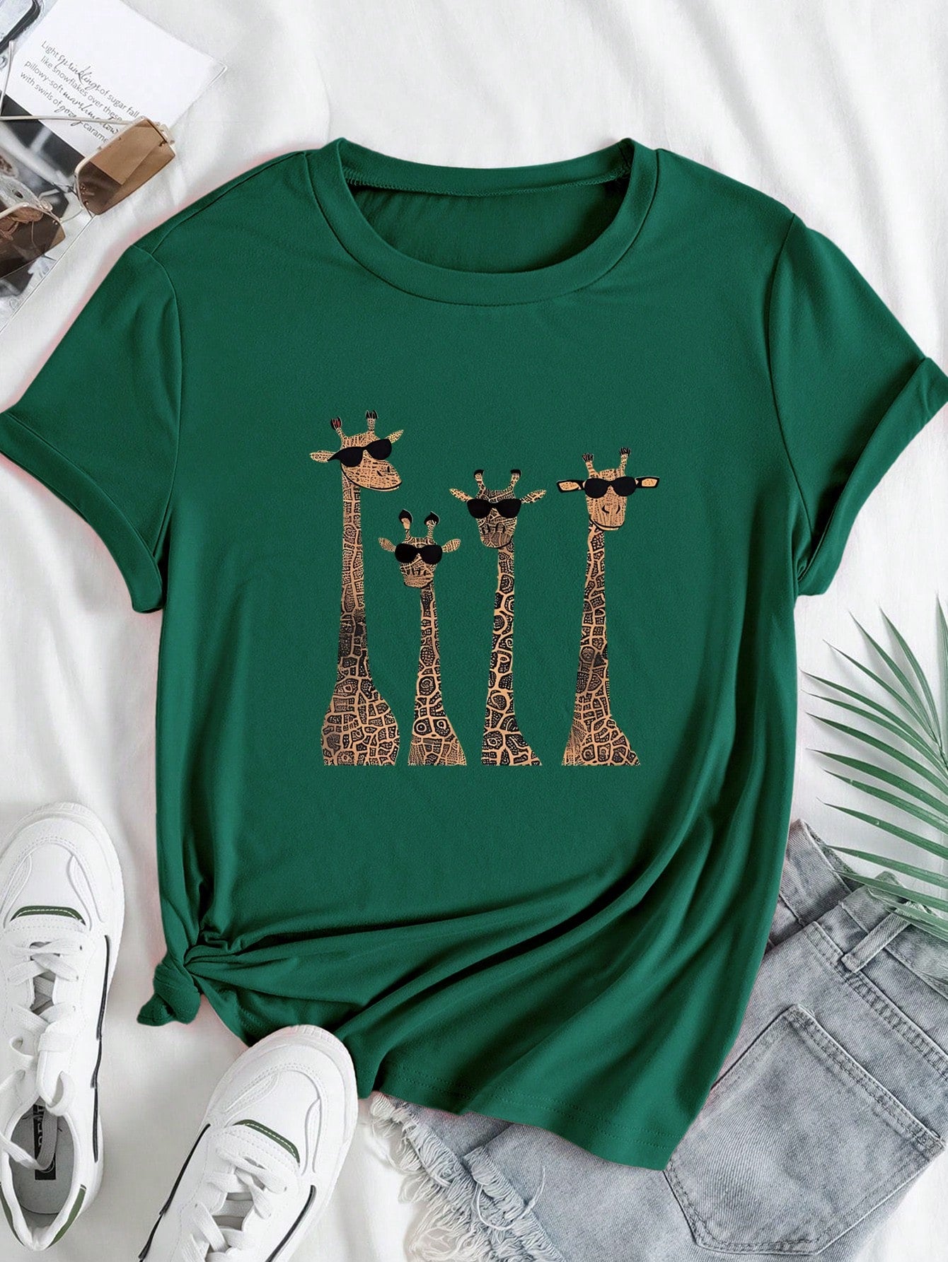 LUNE 4pcs Giraffe Pattern Short Sleeve T-Shirt With Eye Decoration, Casual