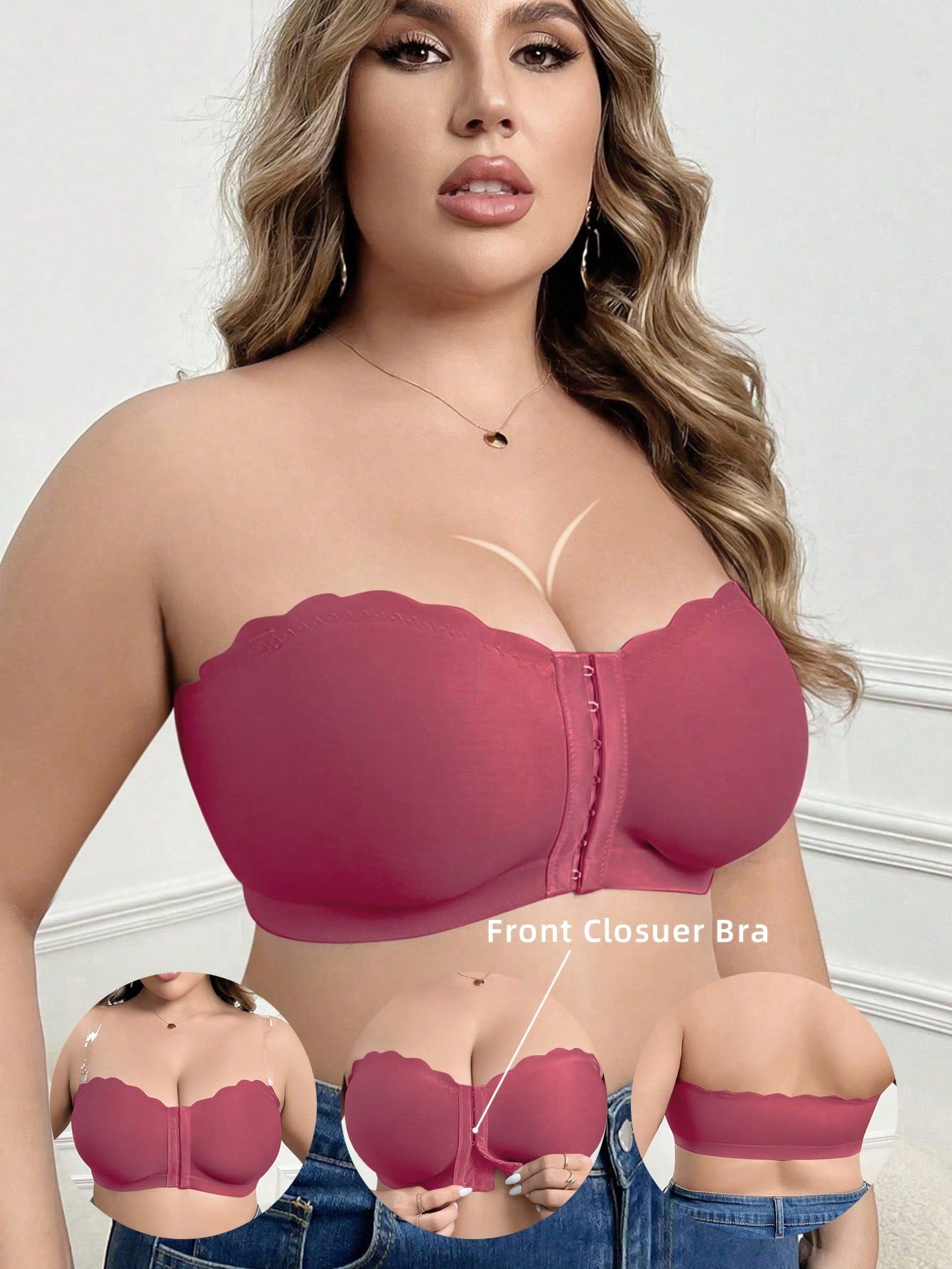 Plus Size Women Solid Color Wirefree Front Closure Bustier Bra