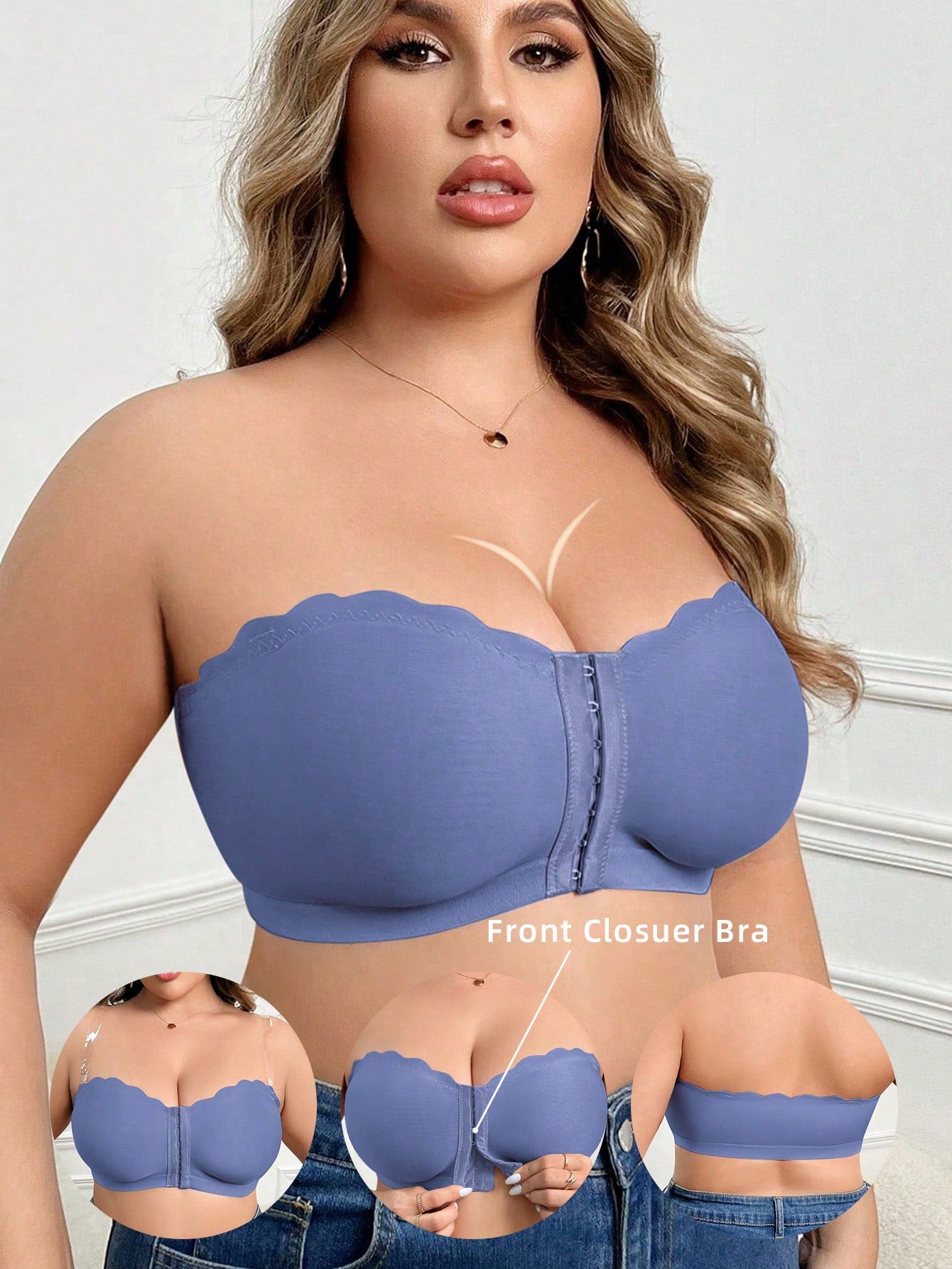 Plus Size Women Solid Color Wirefree Front Closure Bustier Bra