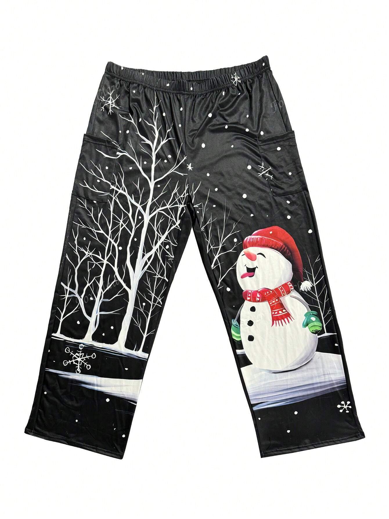 Plus Christmas Graphic Print Straight Leg Pocket Pants