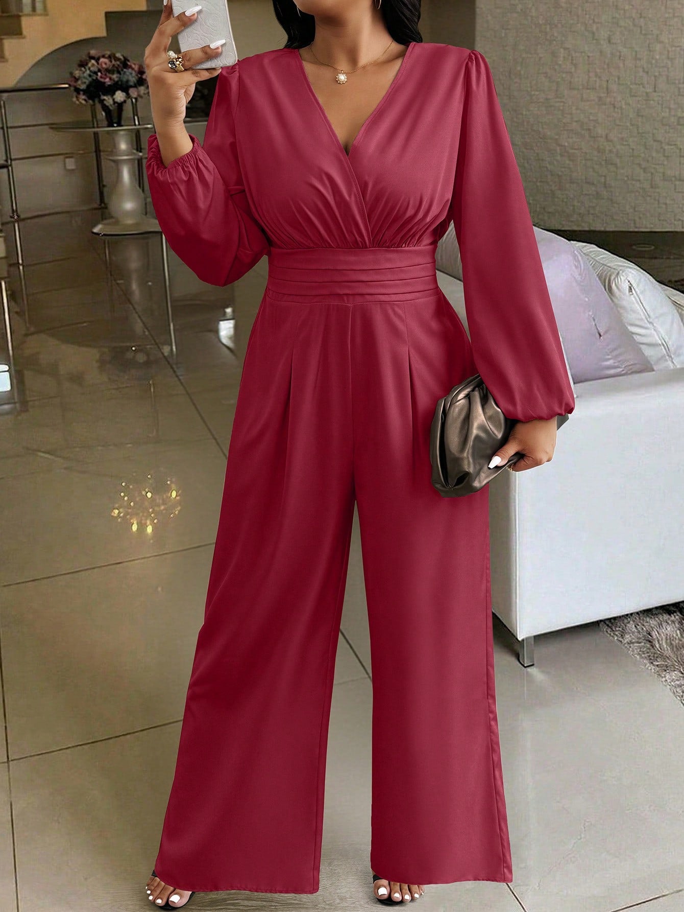 Privé Plus Size Solid V-Neck Long Sleeve Ruched Casual Jumpsuit