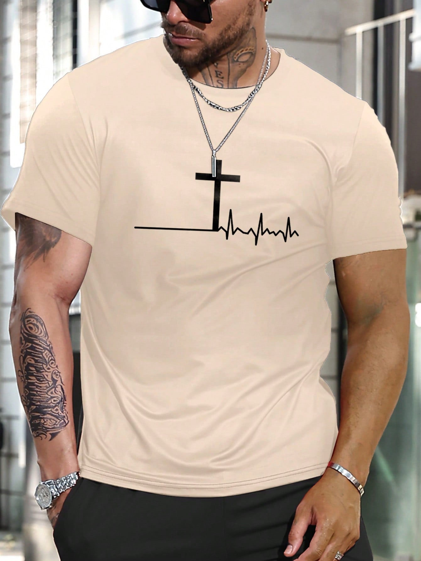 Manfinity Homme Men Summer Casual Short Sleeve T-Shirt With ECG And Cross Print