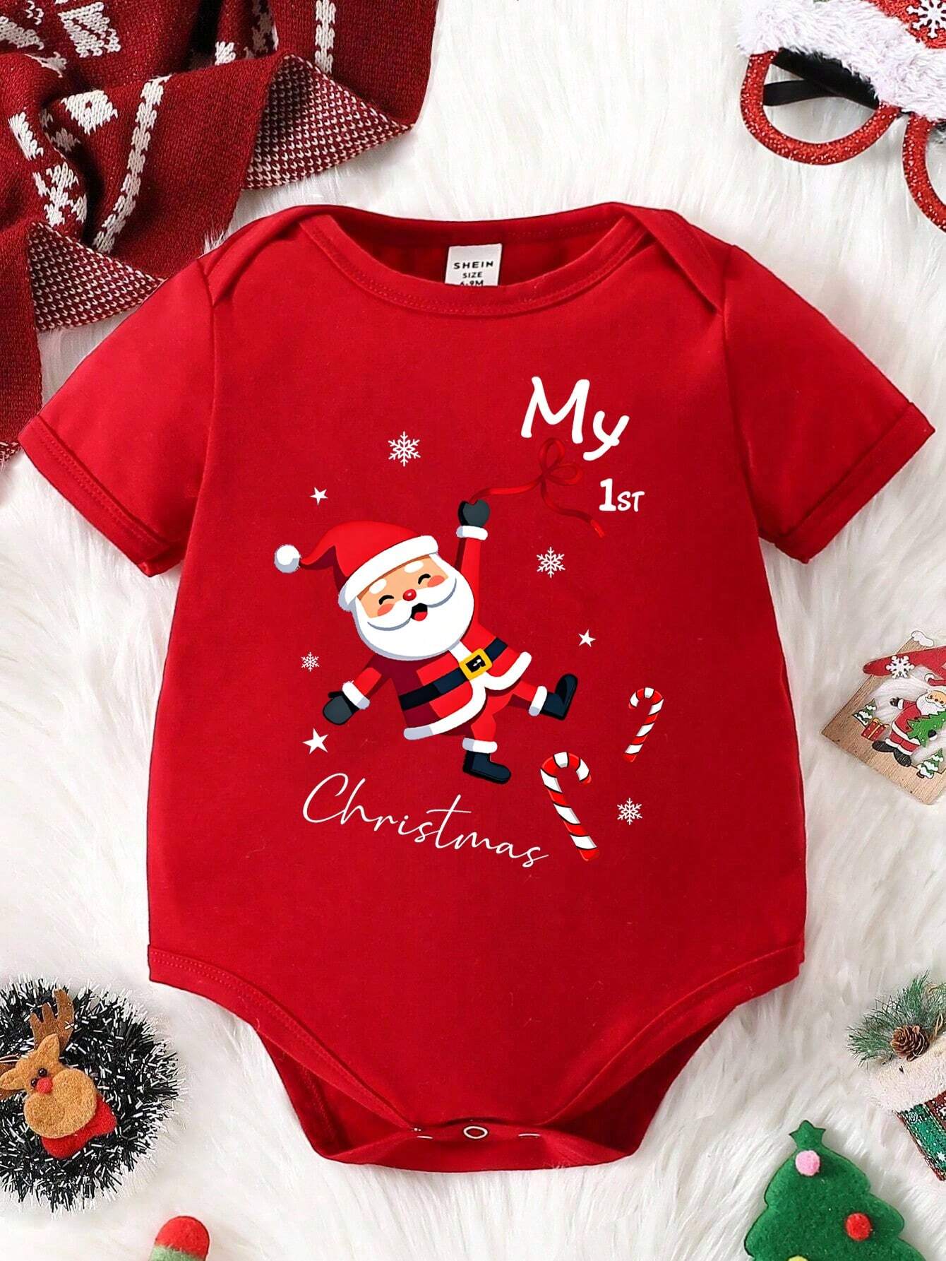 Baby Boy Casual Fashionable Cute Cartoon Santa Claus & Reindeer Print Romper For Christmas Party