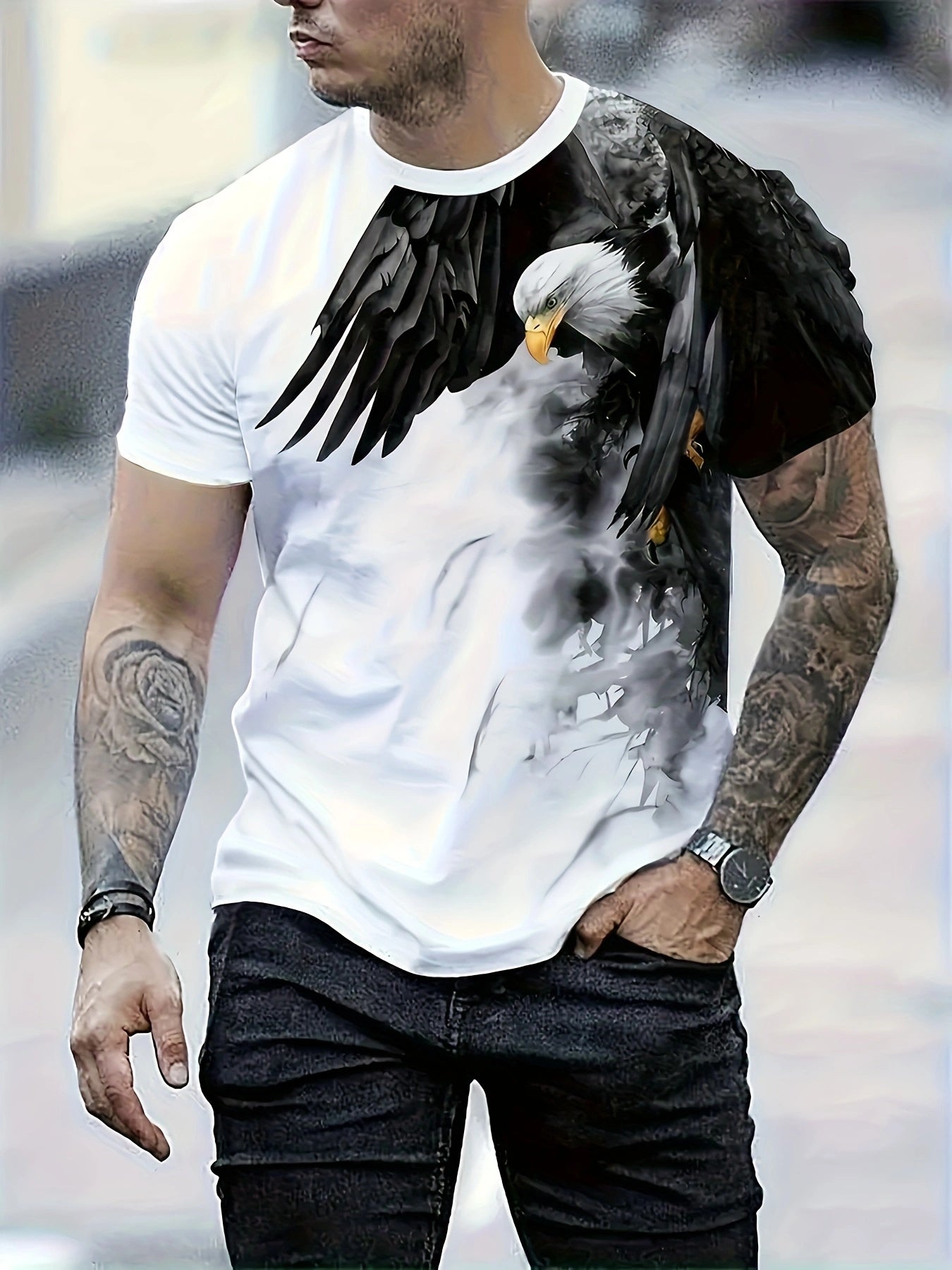 Men's Ink Painting Eagle Print Short Sleeve Crew Neck T-shirt, Casual Stylish Tee As Gift