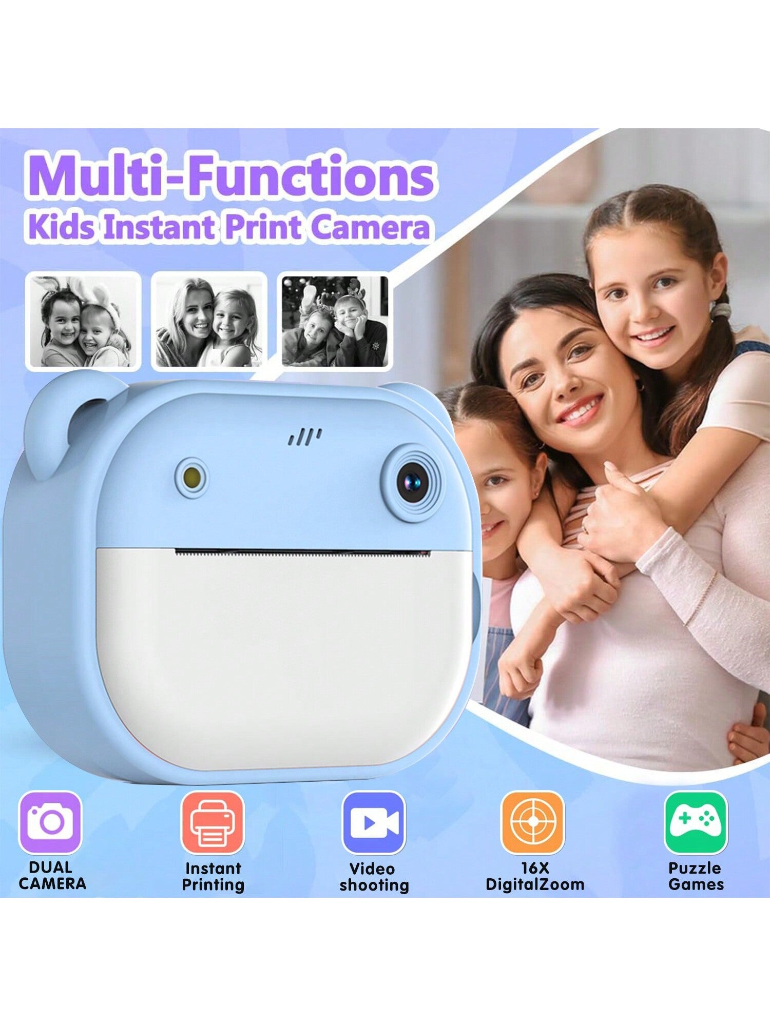 Kids Camera Instant Print, 1080P HD Digital Video Cameras For Kids, 3-12 Years Old Children Mini Learning Toy Camera Gifts For Birthday Holiday Travel