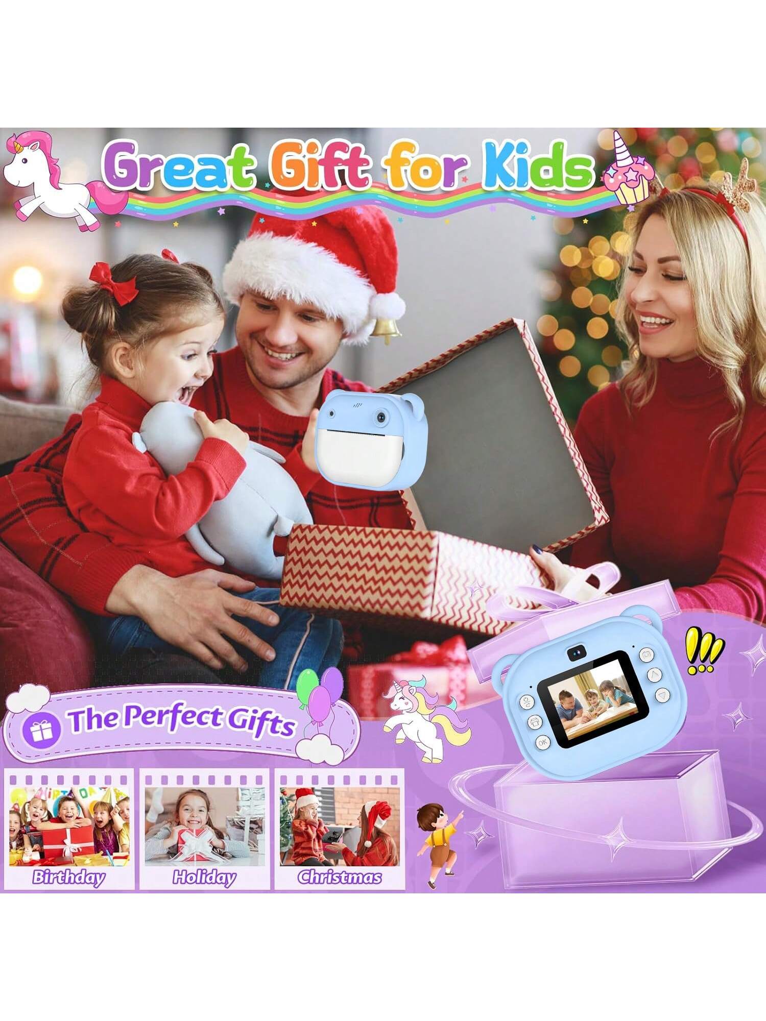 Kids Camera Instant Print, 1080P HD Digital Video Cameras For Kids, 3-12 Years Old Children Mini Learning Toy Camera Gifts For Birthday Holiday Travel