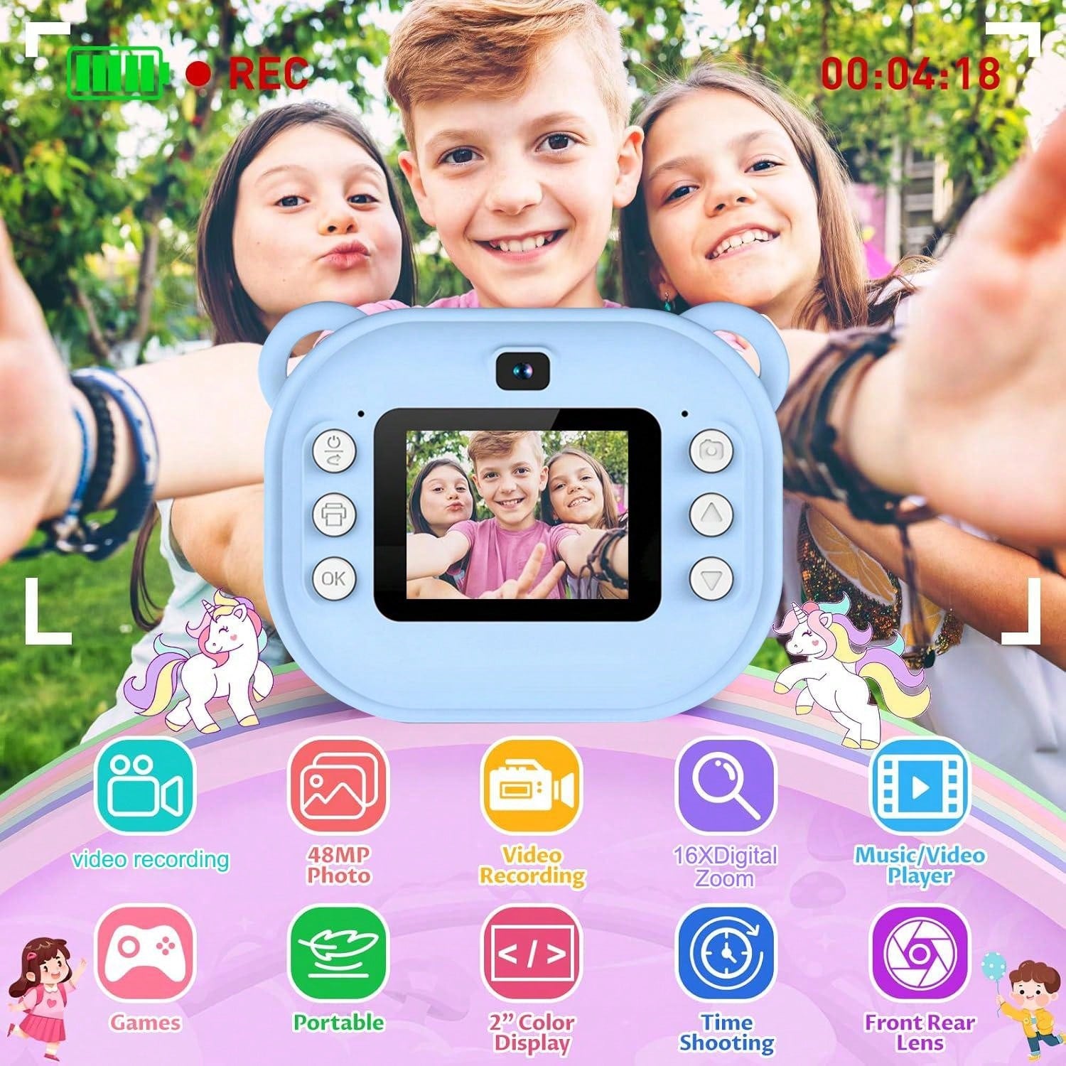 Kids Camera Instant Print, 1080P HD Digital Video Cameras For Kids, 3-12 Years Old Children Mini Learning Toy Camera Gifts For Birthday Holiday Travel