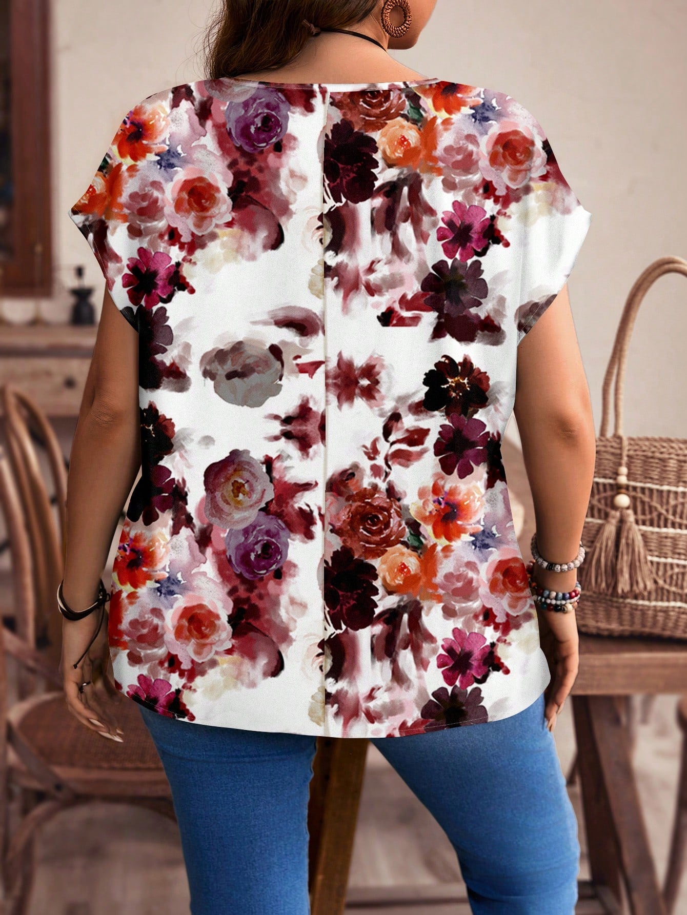 EMERY ROSE Plus Size Red Floral Pattern Casual All-Over Print Button-Up Shirt, Suitable For Autumn