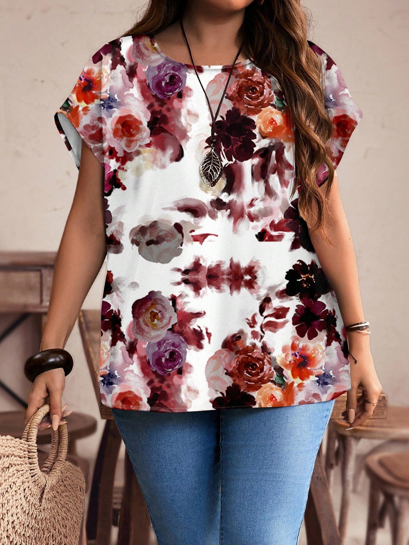 EMERY ROSE Plus Size Red Floral Pattern Casual All-Over Print Button-Up Shirt, Suitable For Autumn