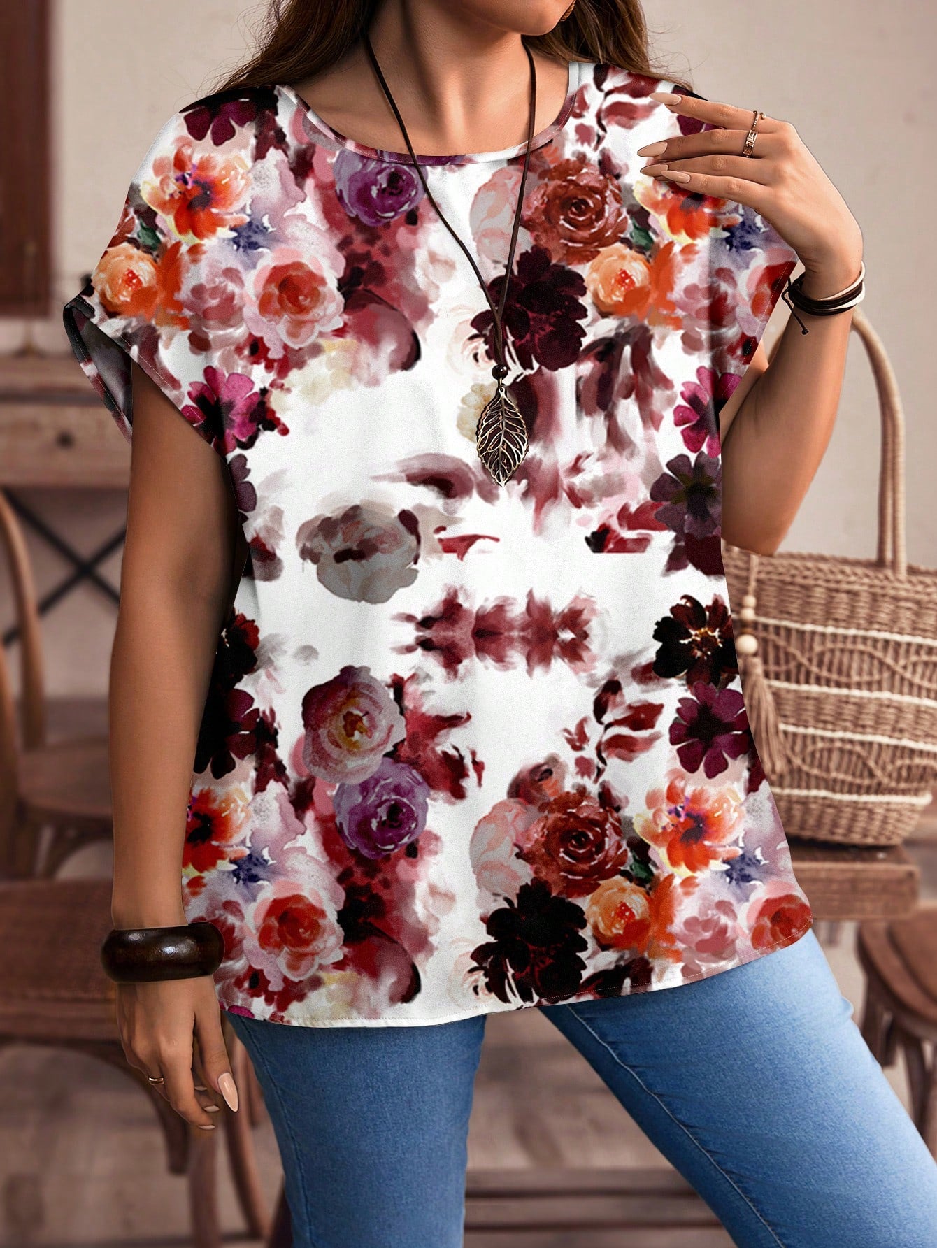 EMERY ROSE Plus Size Red Floral Pattern Casual All-Over Print Button-Up Shirt, Suitable For Autumn