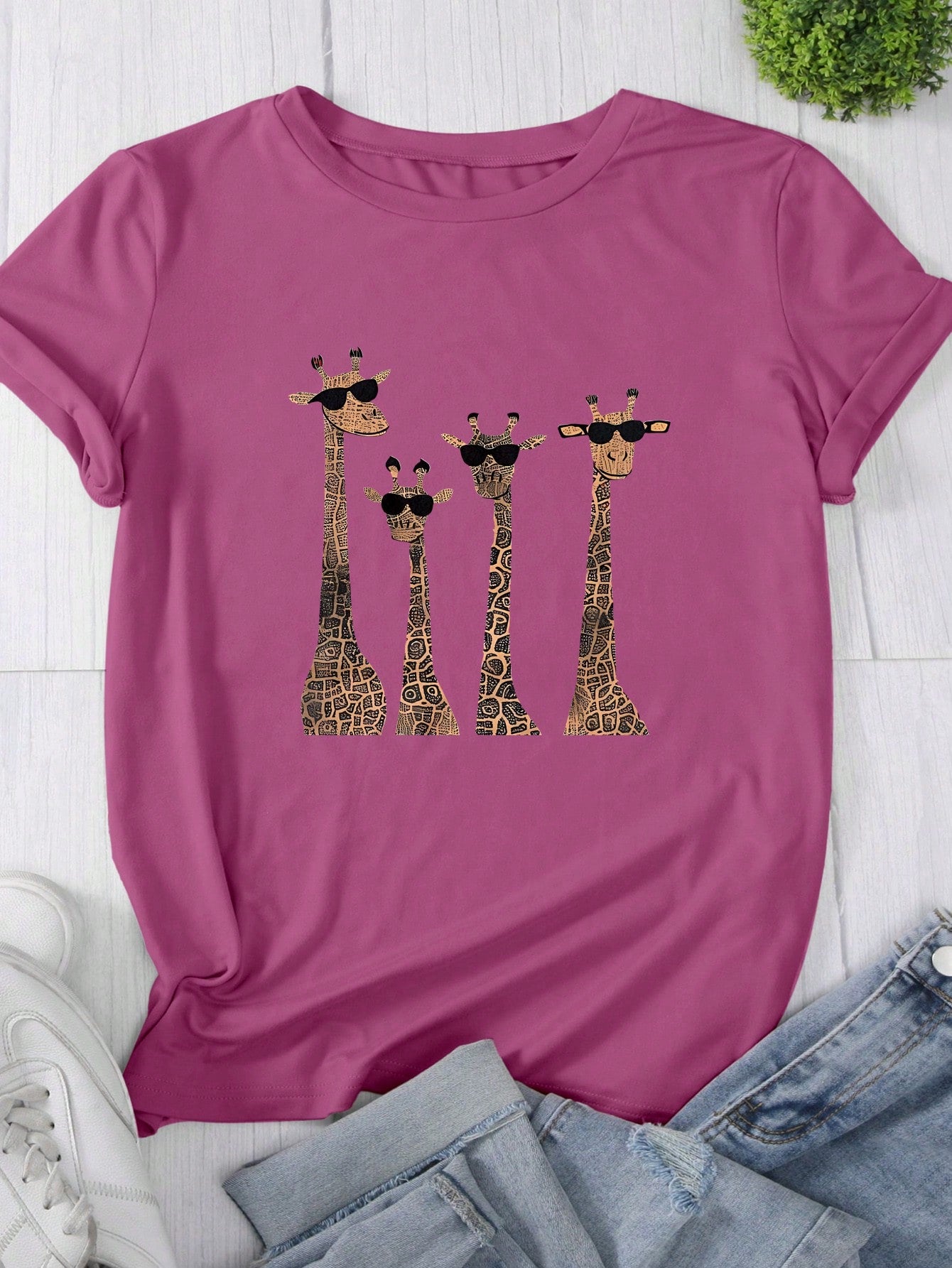 LUNE 4pcs Giraffe Pattern Short Sleeve T-Shirt With Eye Decoration, Casual