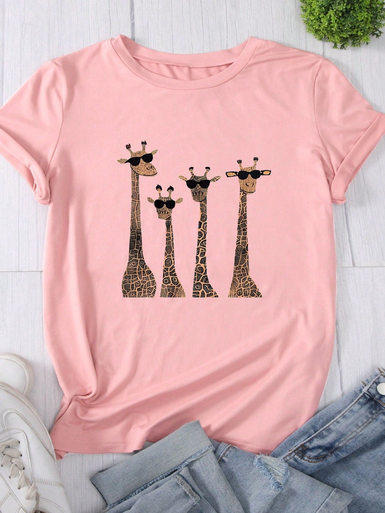 LUNE 4pcs Giraffe Pattern Short Sleeve T-Shirt With Eye Decoration, Casual