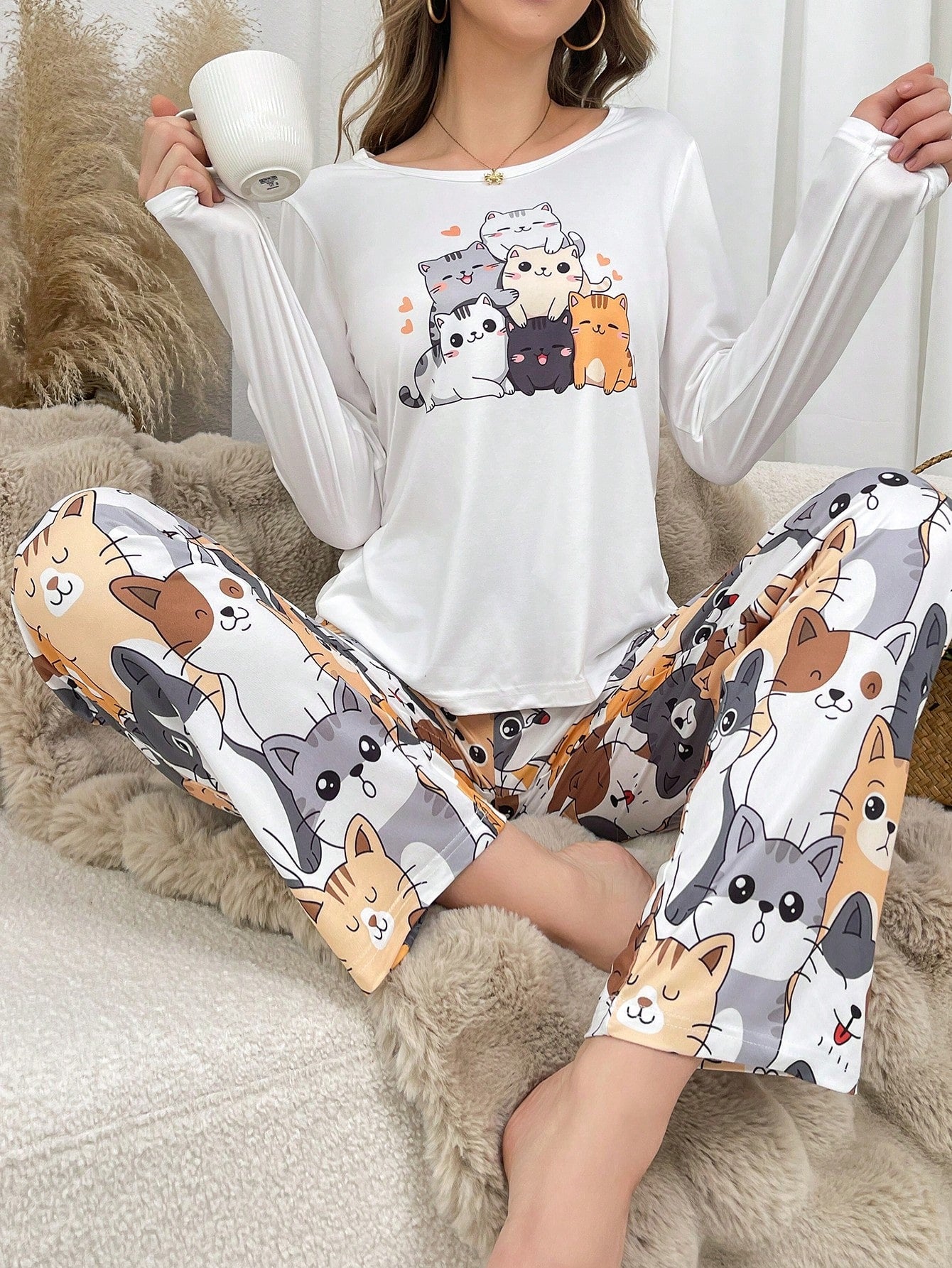 Cute Cat Print Women Pajama Set