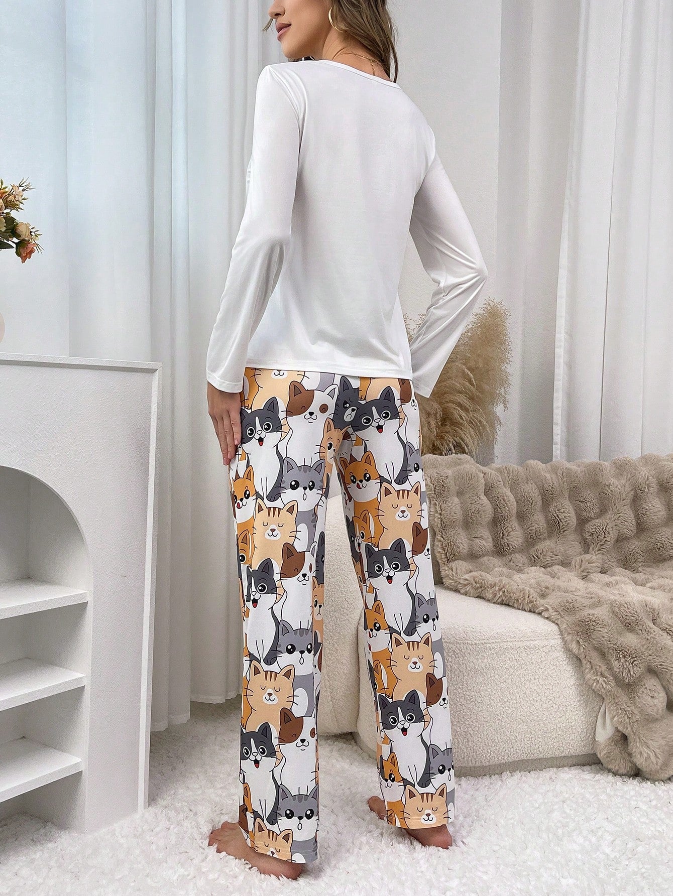 Cute Cat Print Women Pajama Set