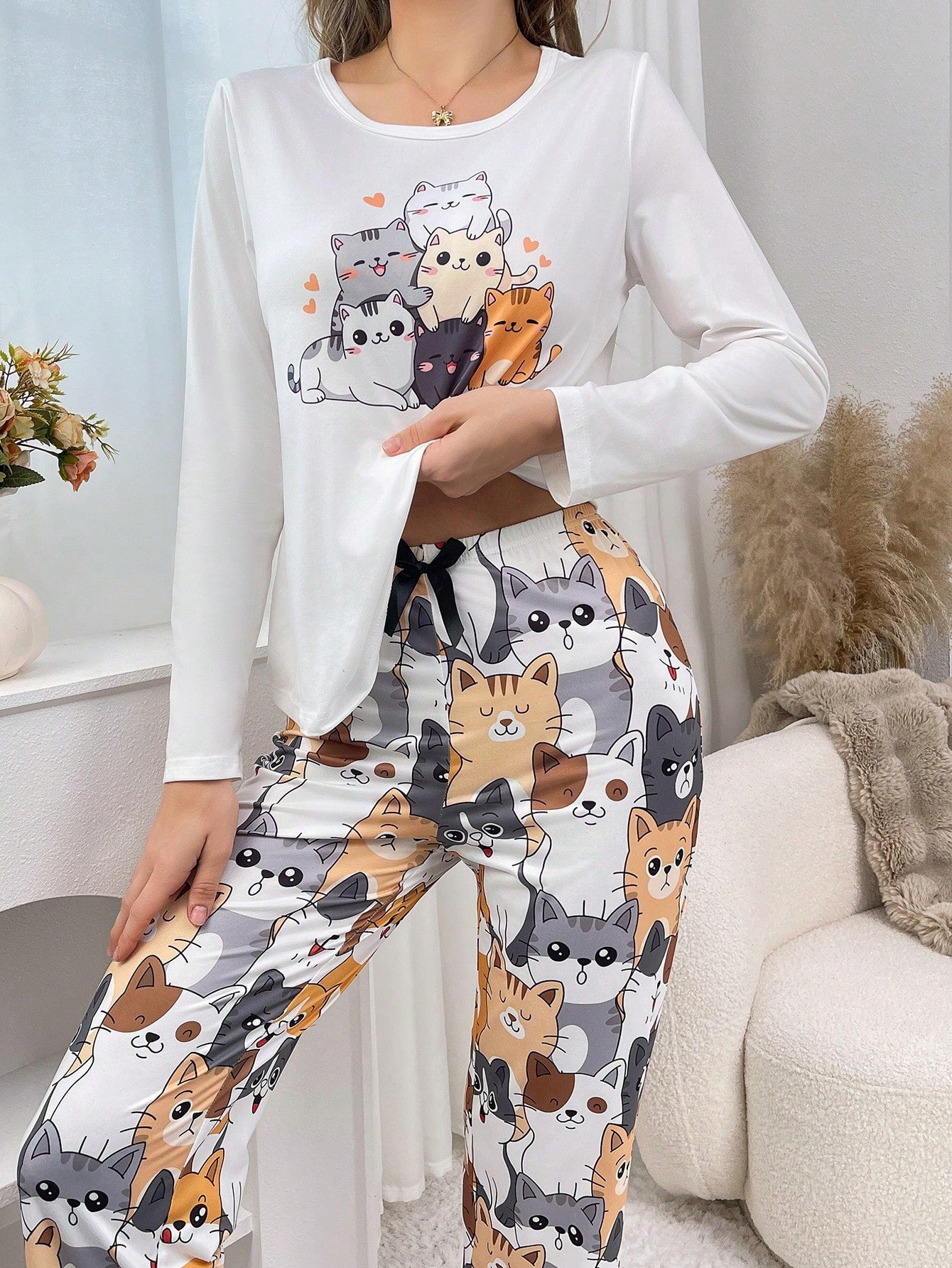 Cute Cat Print Women Pajama Set