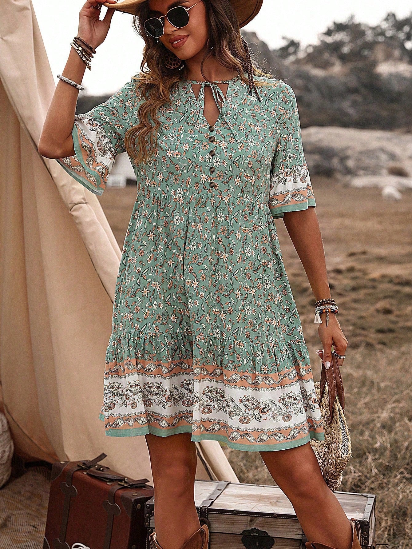 Frenchy Floral Print Tie-Waist Bell Sleeve Dress