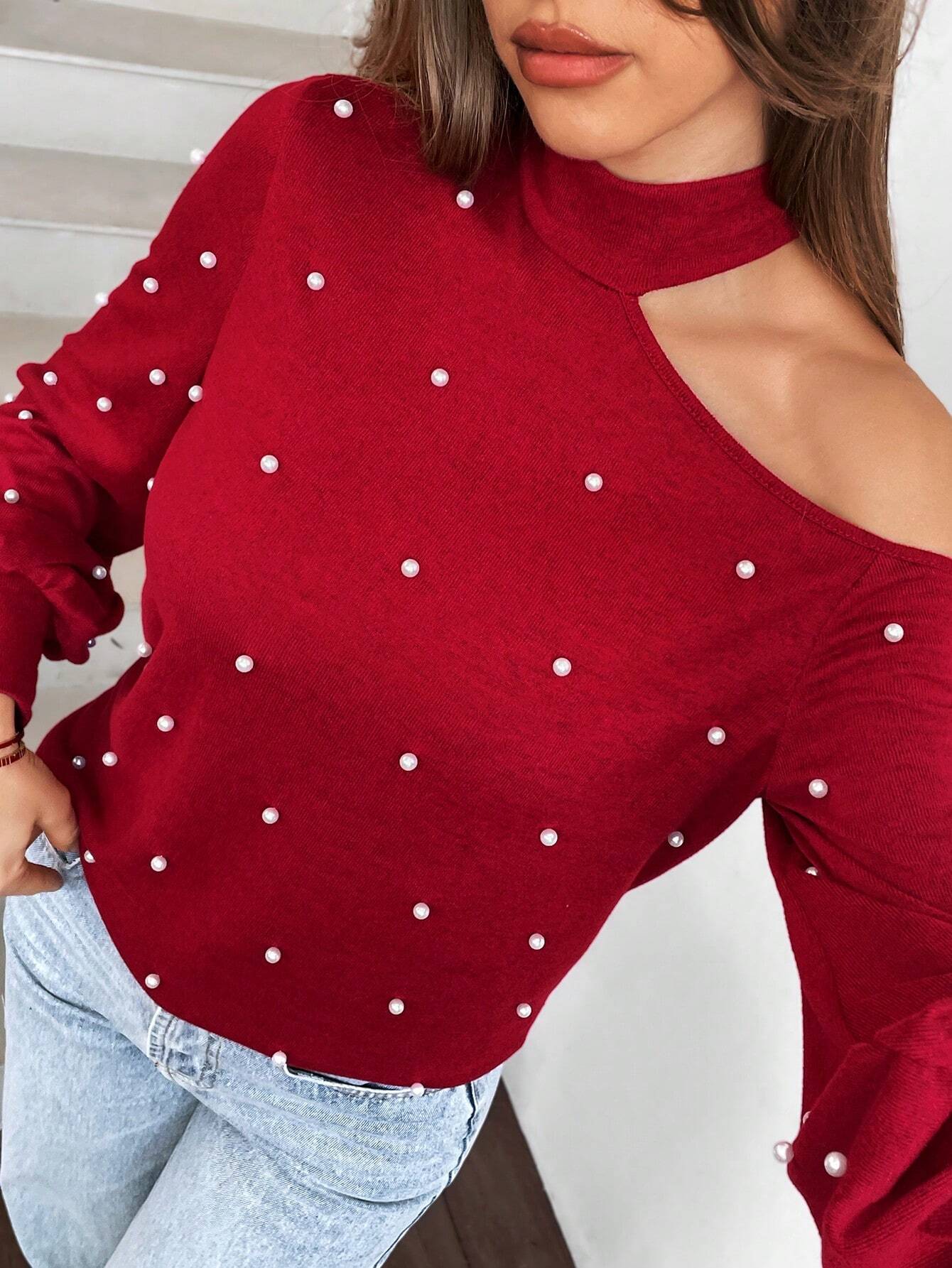 Essnce Christmas Women Clothes High Collar Off-Shoulder Red Women's Asymmetrical Collar Long Sleeve Elegant Faux Pearl Shirt, Autumn And Winter